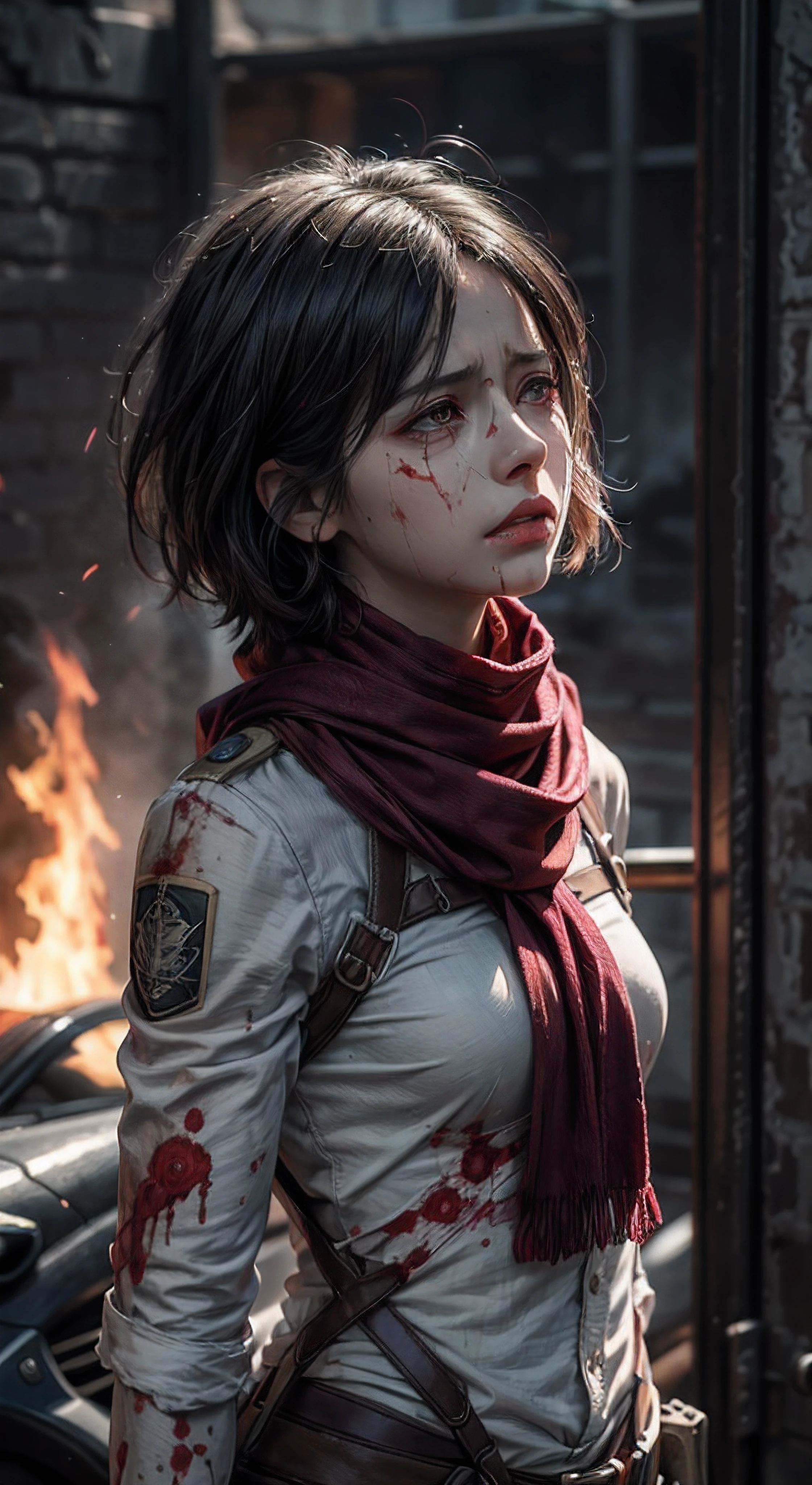 (masterpiece), (hyper realistic), Attack on Titan, half body shot, Mikasa Ackerman, Crying, sadness, Tears, A maroon scarf around his neck, blood stains on his face and clothes, dinamic lighting, dramatic fire background