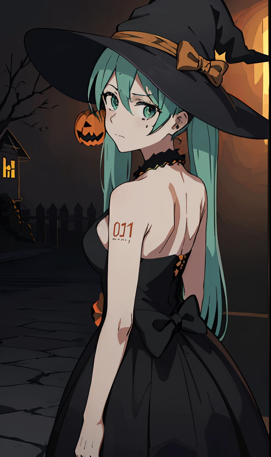 Masterpiece, Best quality, Hatsune Miku, Gothic black dress with Halloween decorations, Witch hat, Halloween pumpkin,Halloween ornaments,Halloween decoration, Gold gemstone jewelry, Dark background, Upper body, (Closed mouth:1.2), view the viewer, arms back behind, Retro court style oil painting theme,