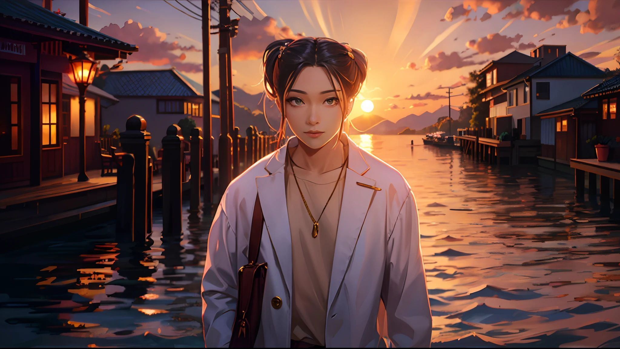 the sunset，eventide，evening light，middle parted hairstyle