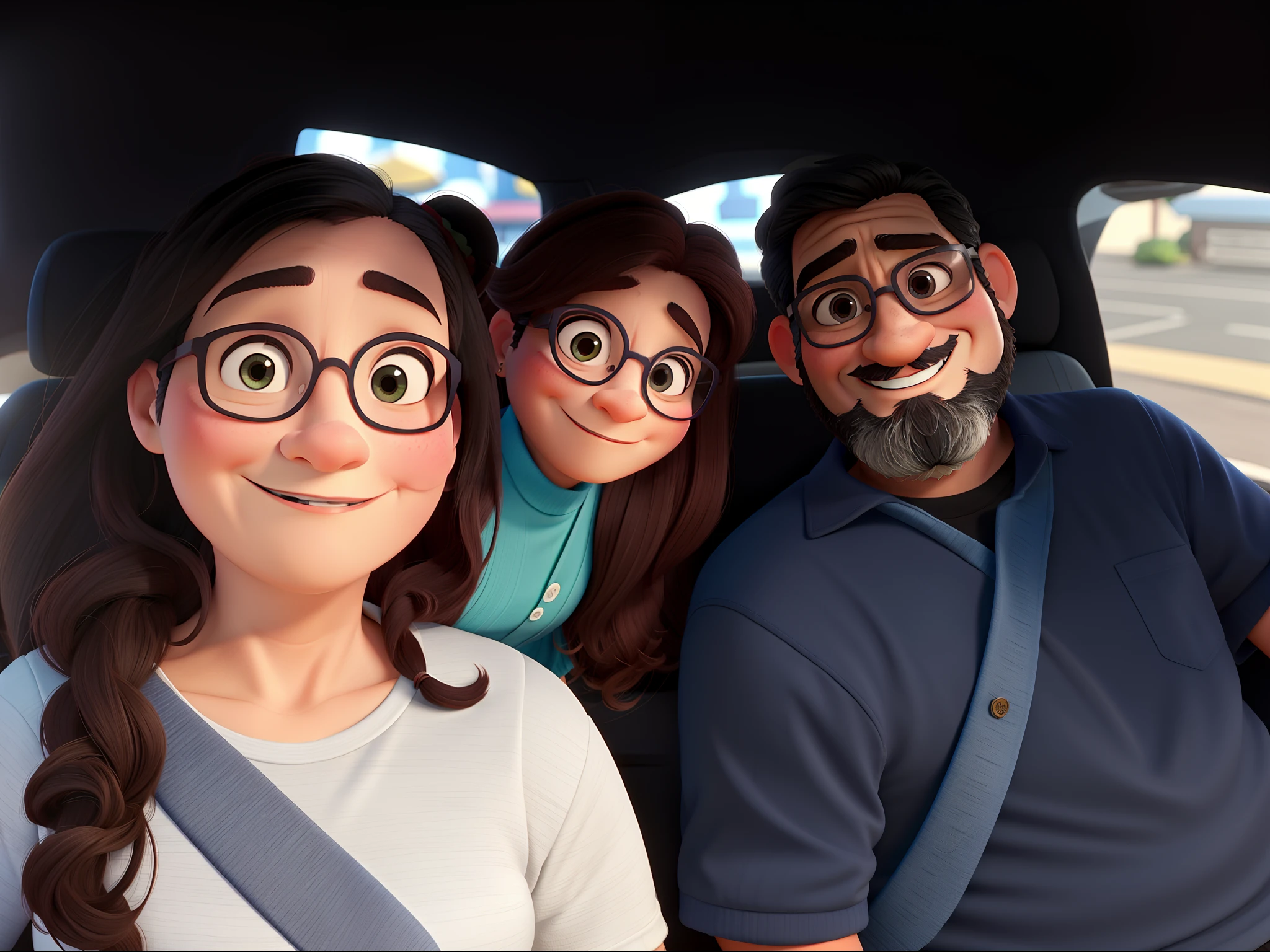 Uma familia estilo disney pixar, o pai usa barba curta, Only the mother in the middle wears glasses