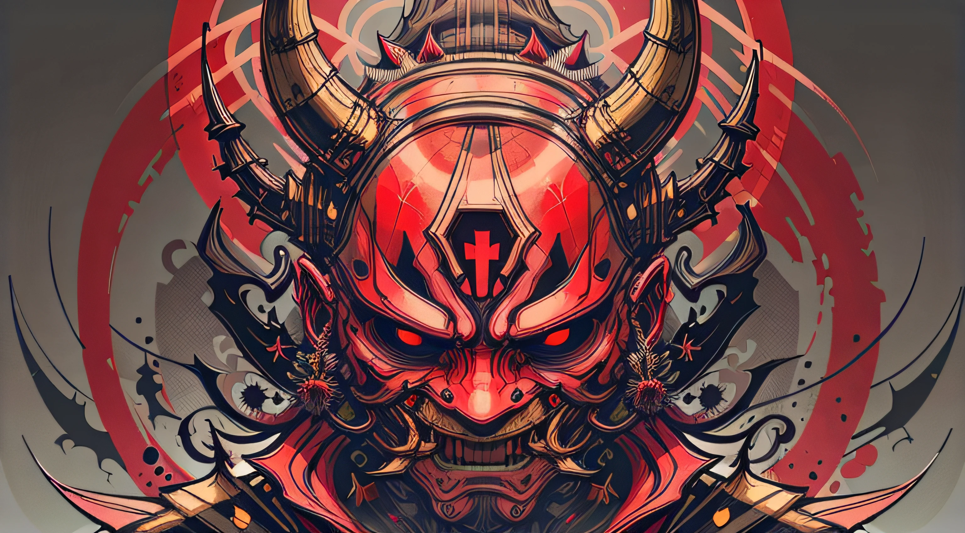 Portrait mask, illustrator, masterpiece, high quality, 8k, high resolution, high detail, japan, (Prawaka: 1.2), horror, evil, smile, front, close-up, looking at the viewer, dark shadow. Neon red