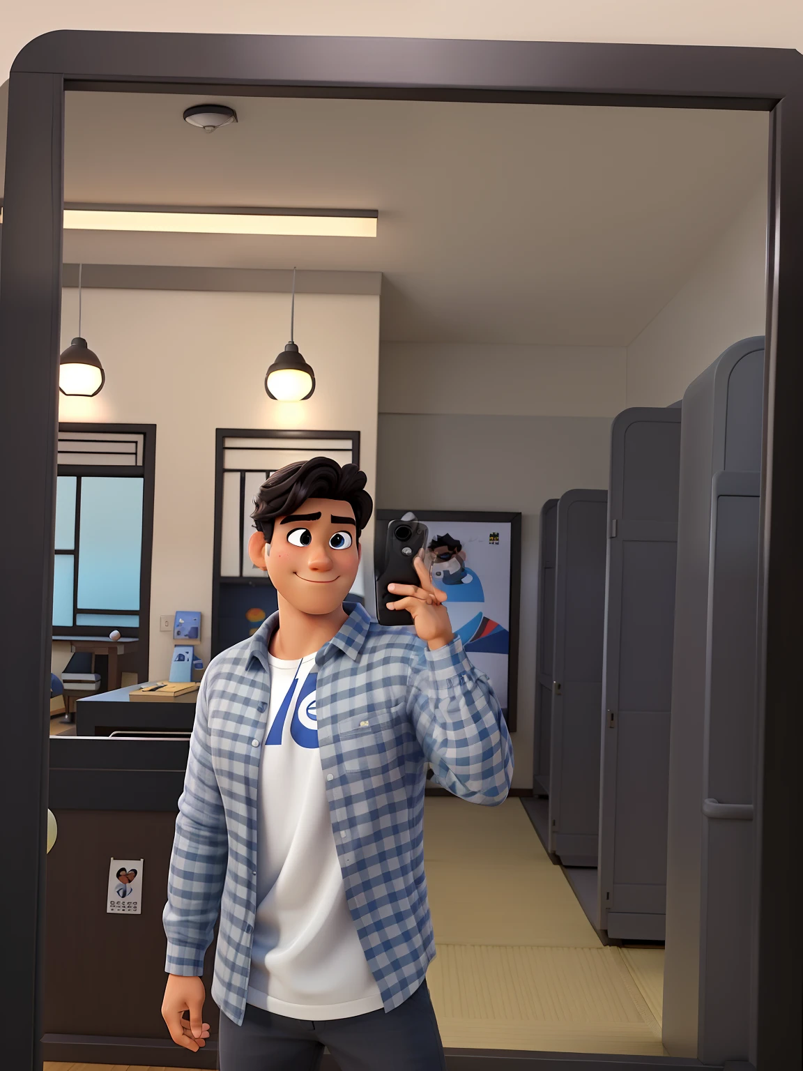 Poster no estilo Disney pixar, alta qualidade, melhor qualidade, homem sexy branco, 30 anos cabelo preto, foto no espelho, Japanese eyes