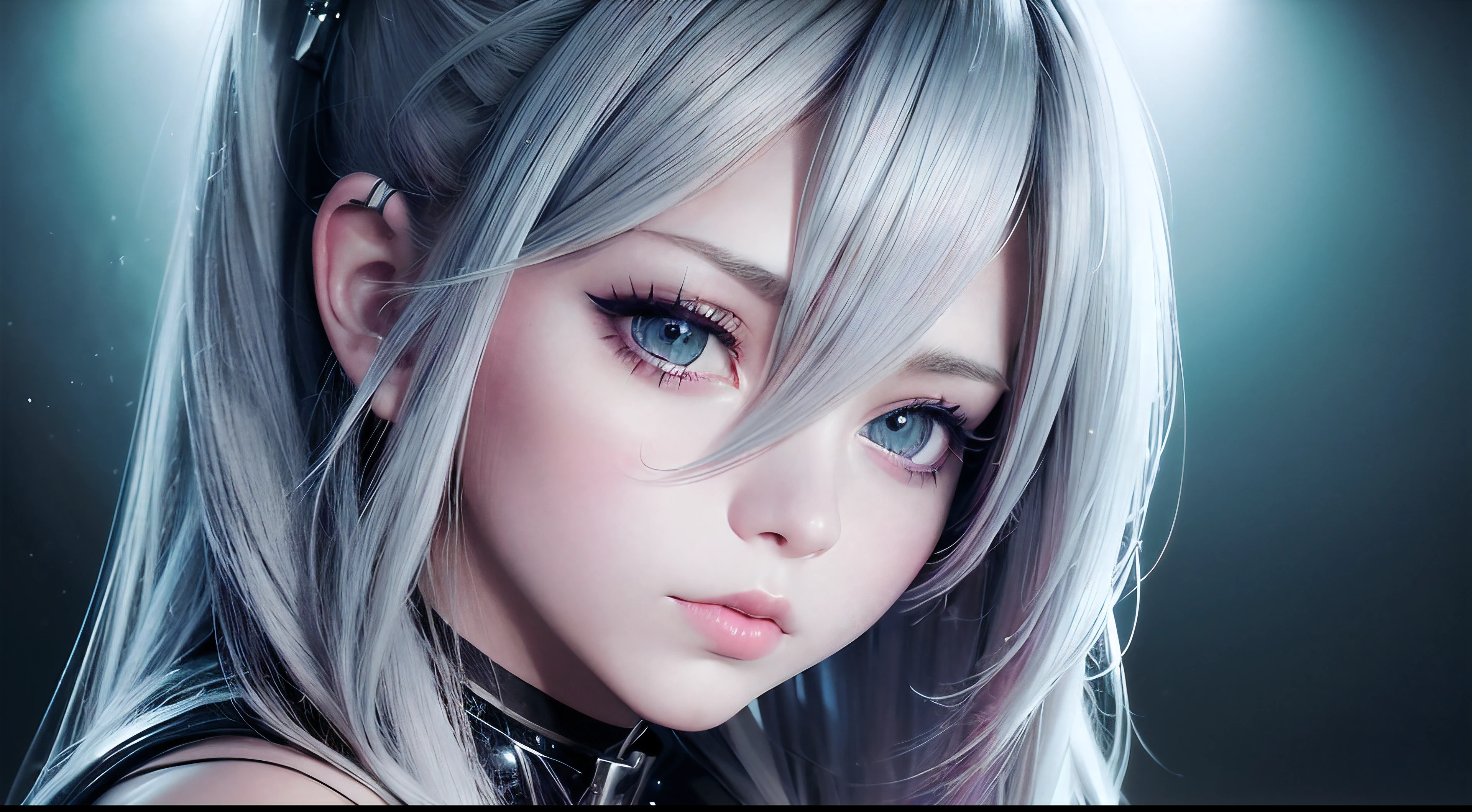 anime styled、One Person18Beautiful woman of age、Moisturized and beautiful eyes、ciri、a picture、androgynous hunnuman、oval jaw、Delicate features、Beautiful expression、The hair、Long bangs、long pony tail、Blue eyes with a beautiful glow、LDS Art