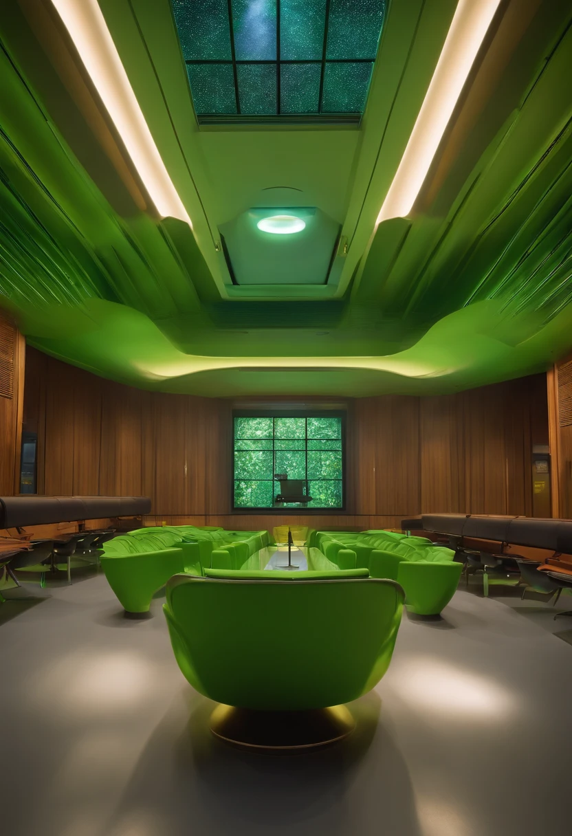 Jovem adulto no estilo pixar disney com olhos verdes em uma sala de aula futurista