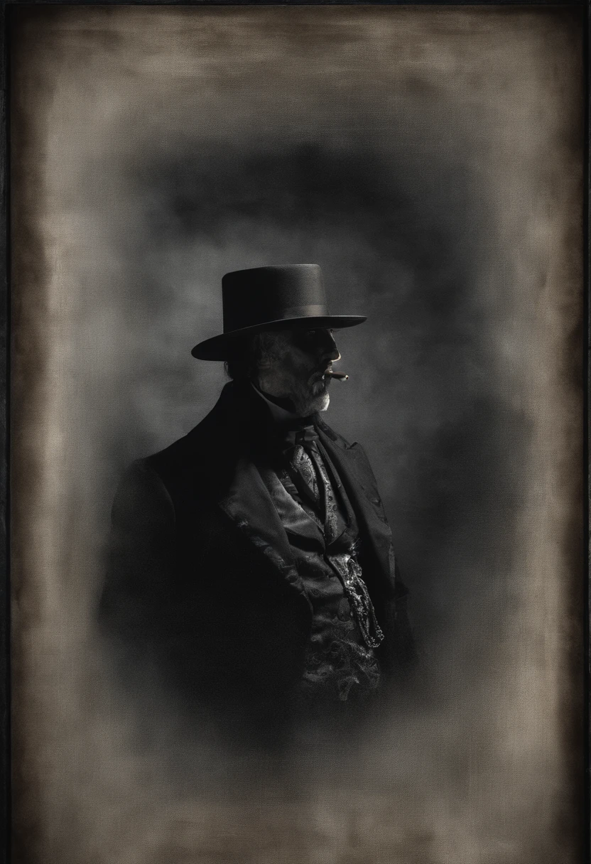 Photograph of a being in a top hat and translucent skin, barba no rosto, veias mostrando sob sua pele, Escuro, Onymium with cape smoking cigar, em busca de almas perdidas