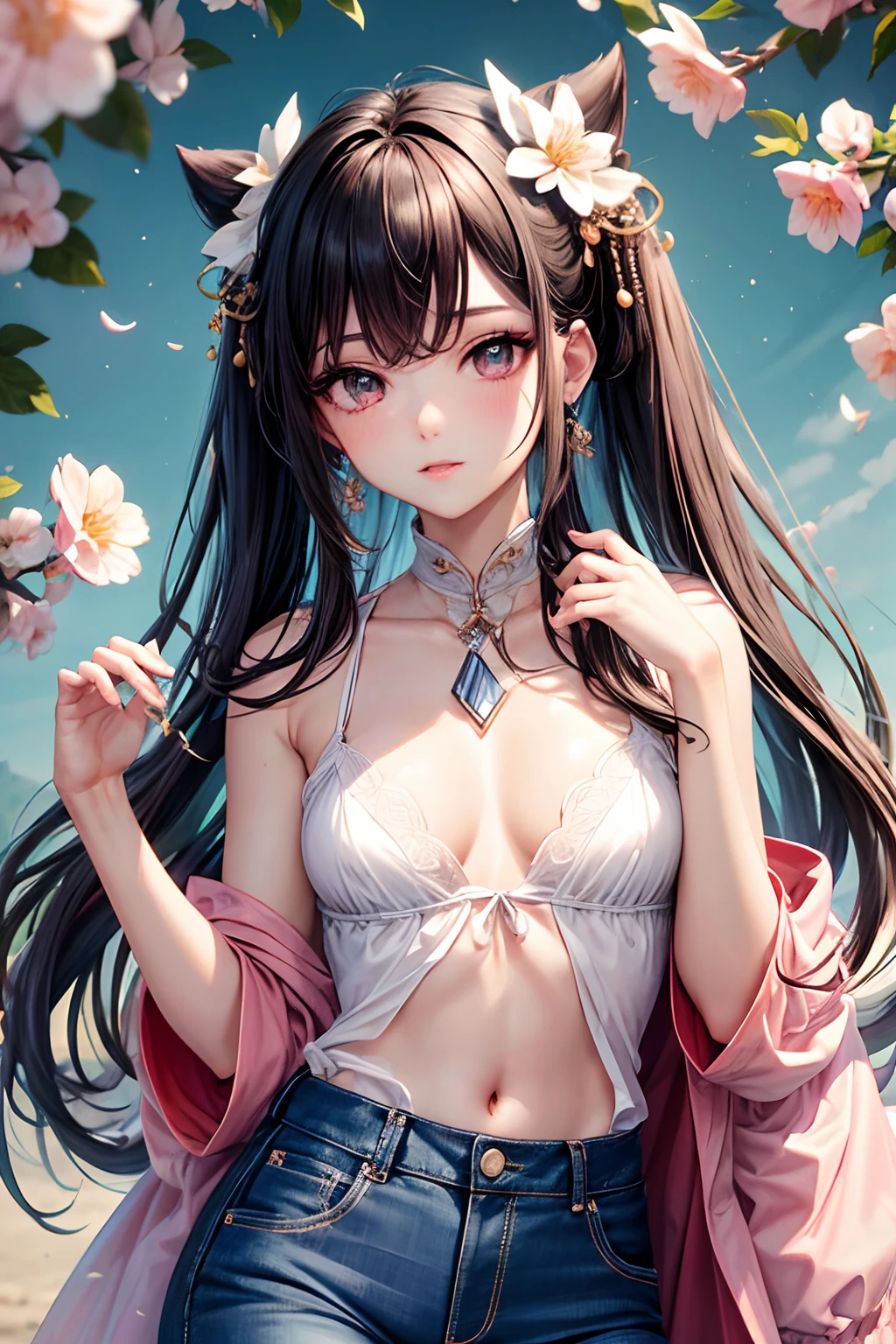 Gentil y encantadora mujer hermosa china, Foto de medio cuerpo, delicate sexy collarbone, Encantadora cara ovalada, 二重まぶた, vivid peach blossom eyes, labios rosados, small-nose, hombros desnudos, Cara enfocada, Primer plano de la cara, ultra-high def, Super details, Postura de pie elegante, Manga de hojaldre estilo coreano cuello cuadrado camisa corta delgada, combinado con traje de jeans de color claro de cintura alta