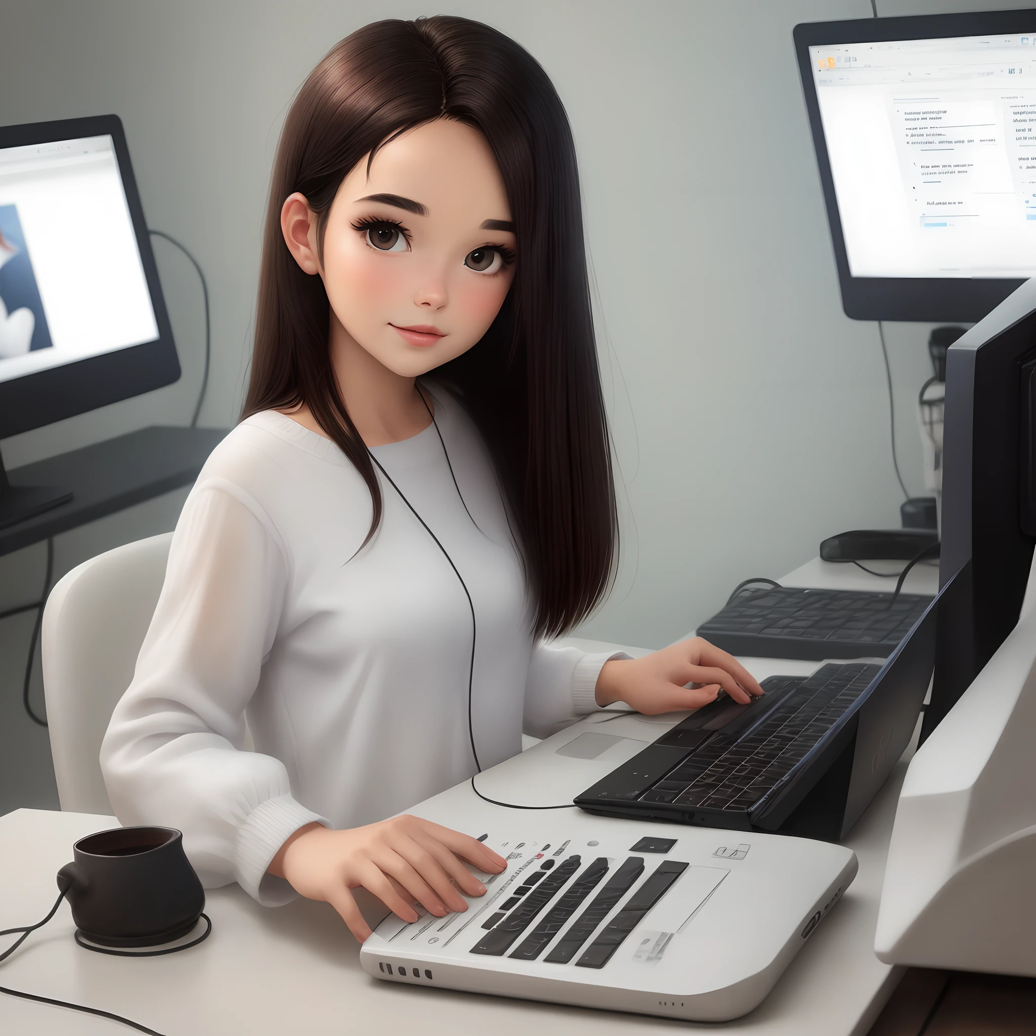 Create Pixar Style Medium Dark Brown Straight Hair With Computer In Hand And White Outfit