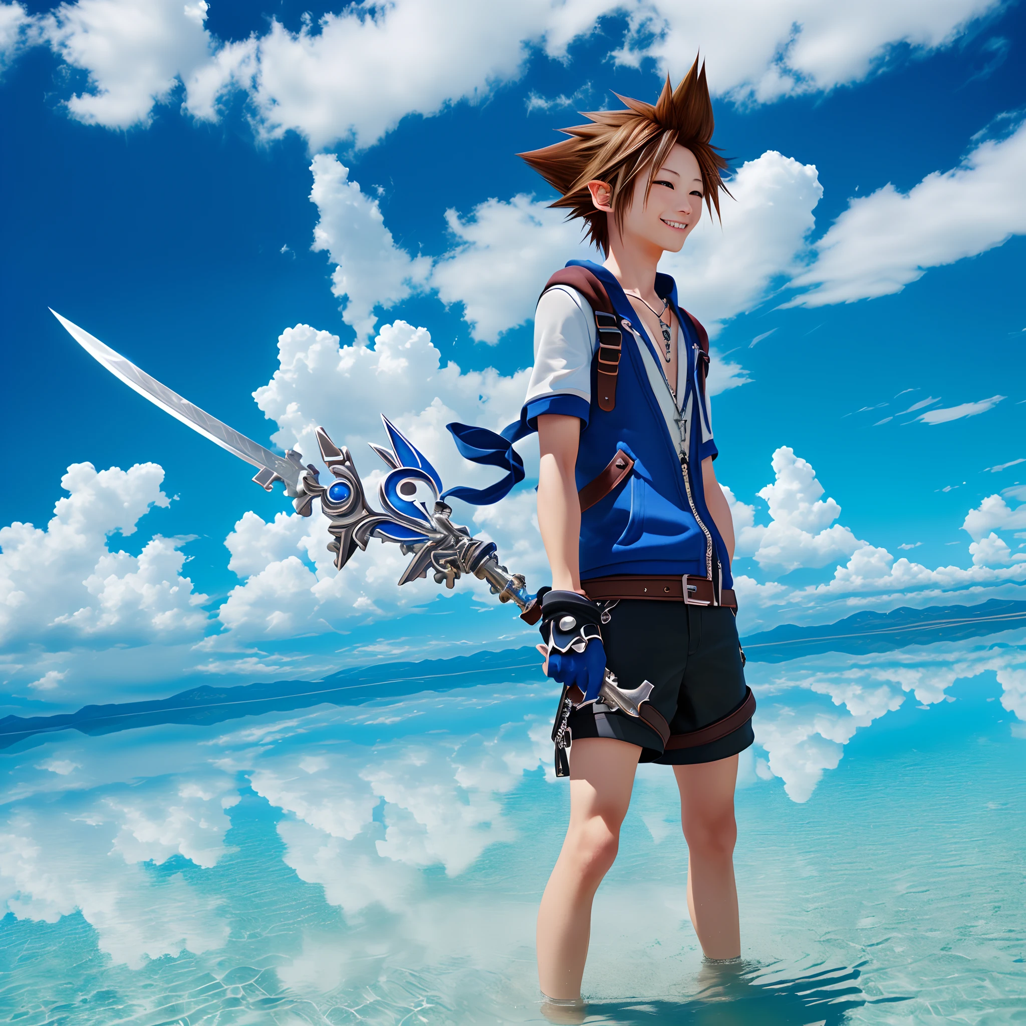 Kingdom hearts、Sola、shoun、Brown spiky hair、Blue, round, innocent eyes、long lashes、I'm smiling、Holds a sword in the shape of a key、Keyblade、Salar de Uyuni、Clear, pale blue sky、Mirror-like surface of the water