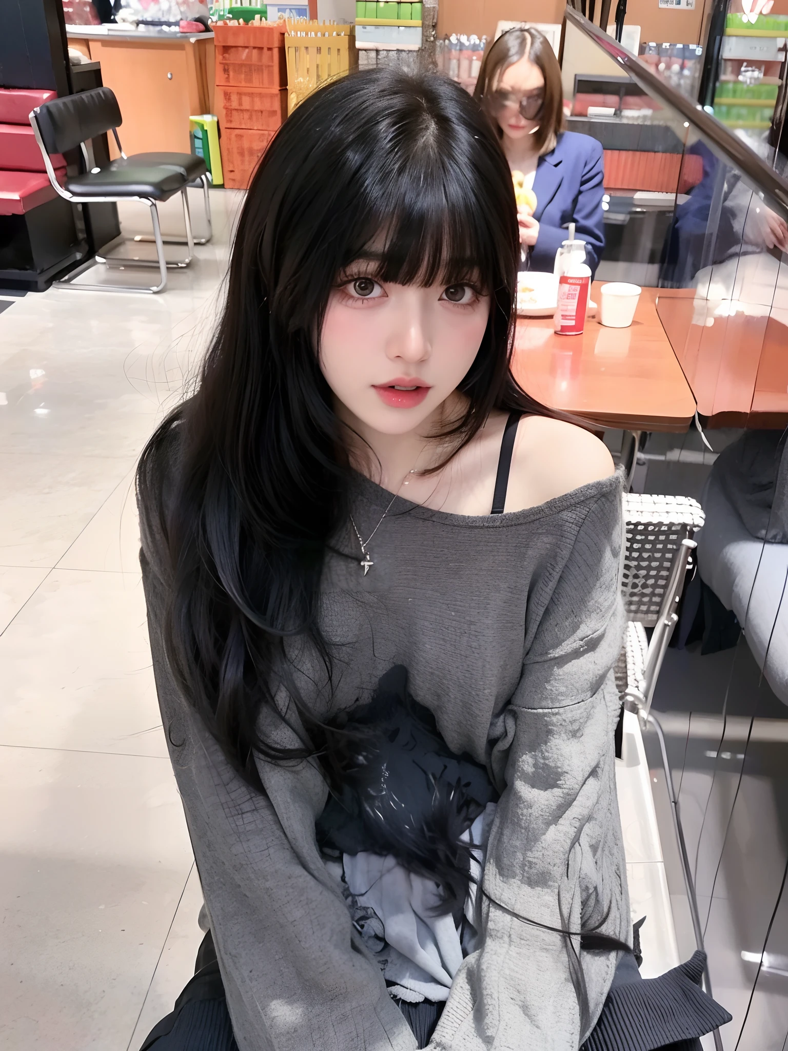 There was a woman with long black hair sitting at the table, She has black hair，By bangs, ulzzangs, sui ishida with black hair, Long black hair with bangs, hair blackbangs hair, black hime cut hair, Long black hair，By bangs, sakimichan, long whitr hair，Thick bangs, rena nounen style 3/4, shikamimi
