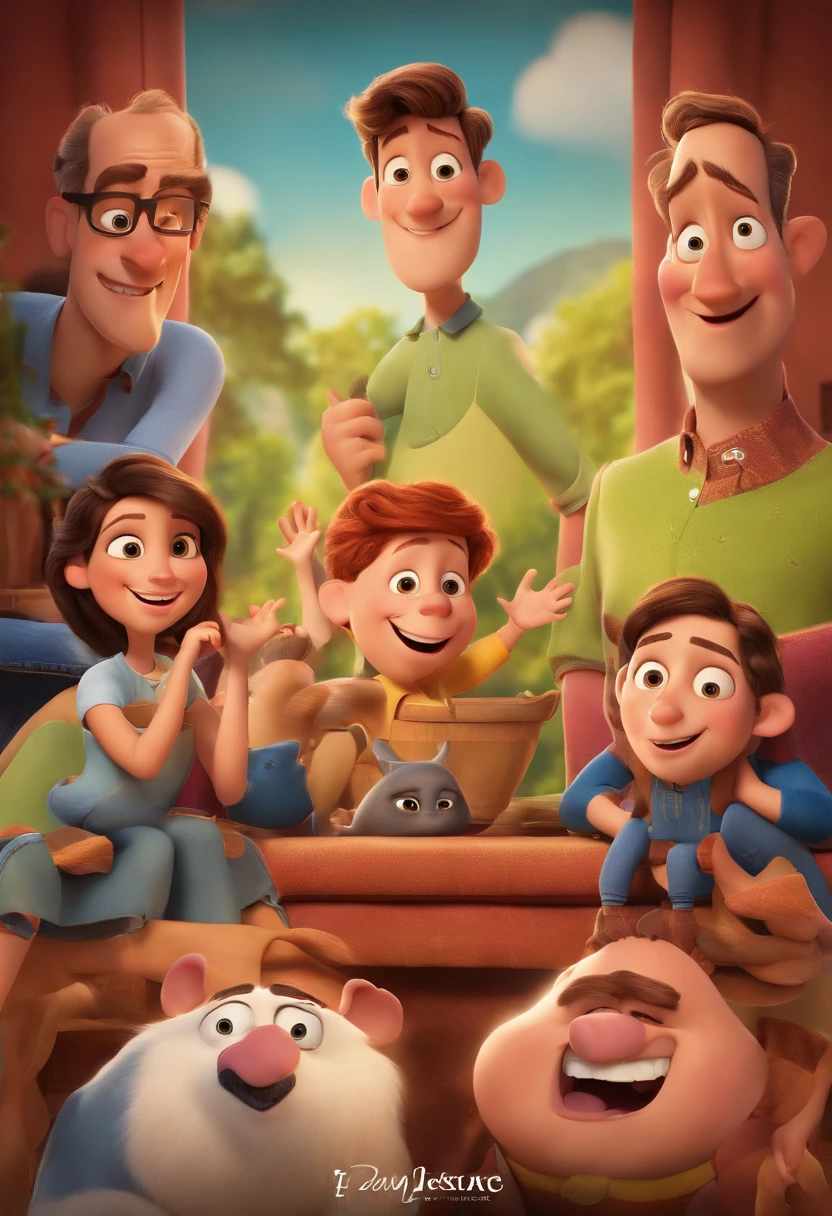 A Disney Pixar-inspired movie poster featuring a white family consisting of (dois jovens adultos, Duas lindas adolescentes. A cena deve ser no estilo de arte digital distinto da Pixar, with a focus on character expressions, Vibrant colors and detailed texture that are characteristic of his animations