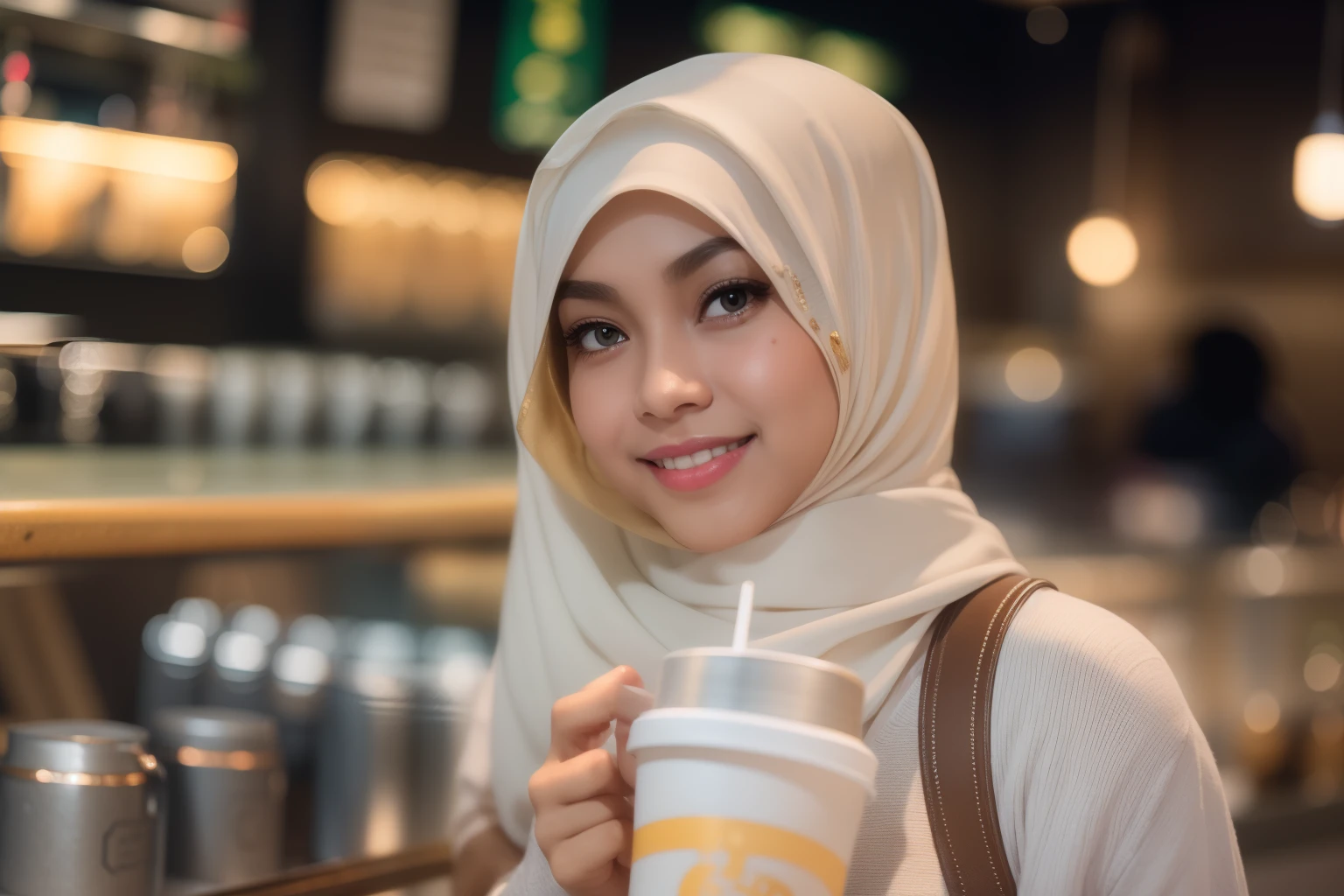 Young Malay girl in hijab standing and pose in Starbucks café, happy, smiling, nighttime, wearing white cotton bra and gym shorts, white high sneakers,  professional lighting, ray lighting, blur background, cool ambient, calm ambient, bokeh, small breast, flat chest, small waist, small head, short petite body, wide hips, thick thighs, curved back, round small ass, sexy pose, bright lighting, mole below eyes, skin spots, acnes, skin blemishes, age spot, detail skin texture, skin detail, skin wrinkle detail, dark brown skin, gold necklace, high quality, ultra detail face, 50mm lense, handheld shot camera angle, High Contrast cinematography effect, Natural Lighting, Desaturate color grading.