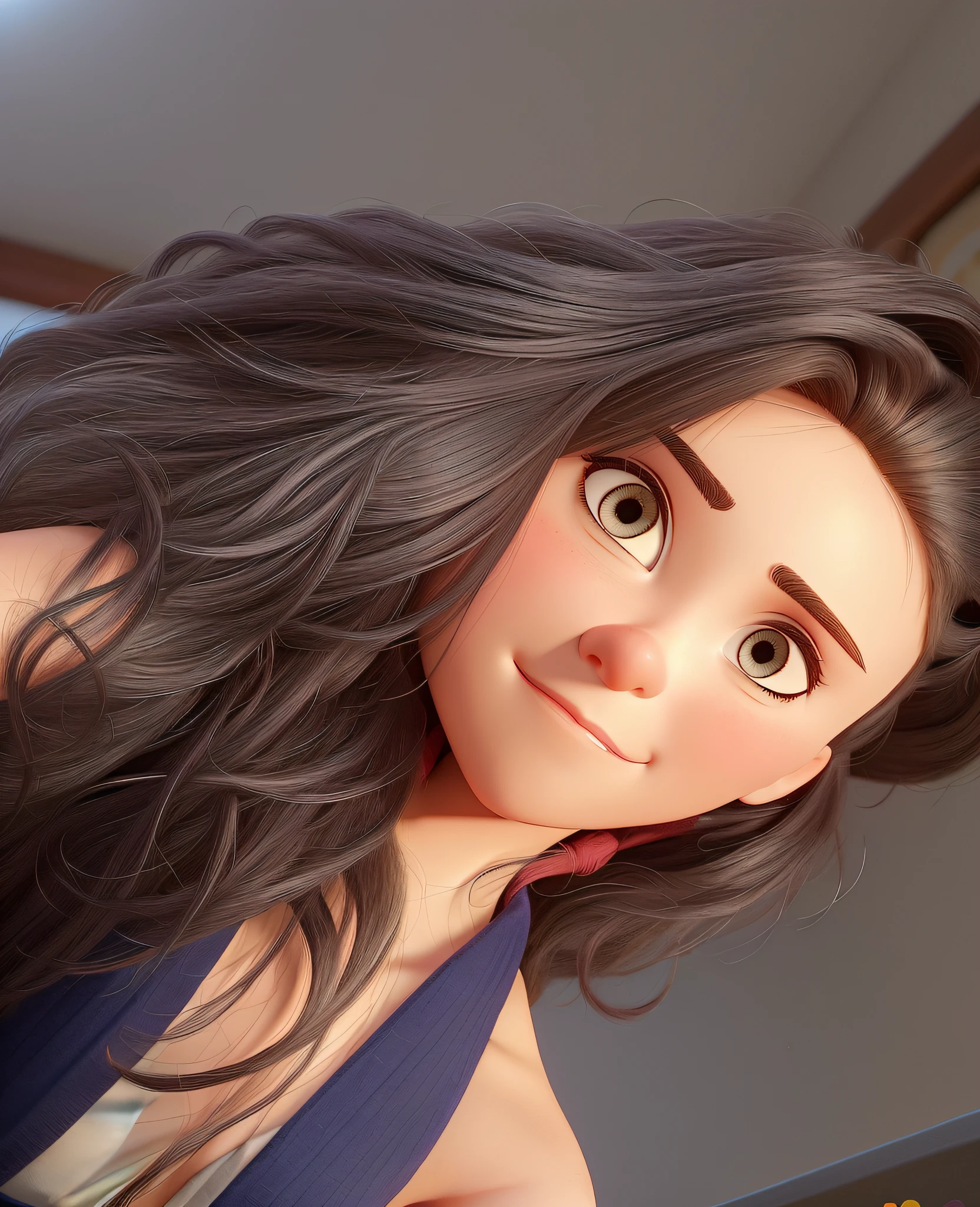 crie um cartaz estilo pixar de uma mulher de 18 anos, sensual, cabelos longos, cabelos pretos e ondulados. A mulher tem rosto marcante, sobrancelha definida, olhos castanhos claros, olhos finos, long eyeslashes, defined and long lashes, thick lips, nariz fino, fleshy lips, maquiagem natural, alta qualidade, melhor qualidade