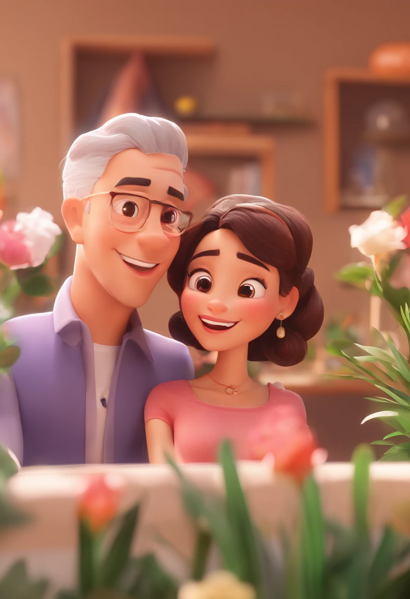 An illustration of an adorable couple, destacando um homem e uma mulher com bonito, Expressive eyes – the man's skin is black and the man's hair is bald and black, while the woman's skin is black and the woman's hair is curly and brown. They are a bright room, cada um com um sorriso no rosto, e compartilhar um momento especial caracterizado pelo amor, arroz, e insights educacionais. Illustrate this scene from a perspective where they are facing away from the camera, Showing Your Connection. Desenvolva esta arte em Full HD, Focus on your cinematic touch, Estilo Disney Pixar Animations