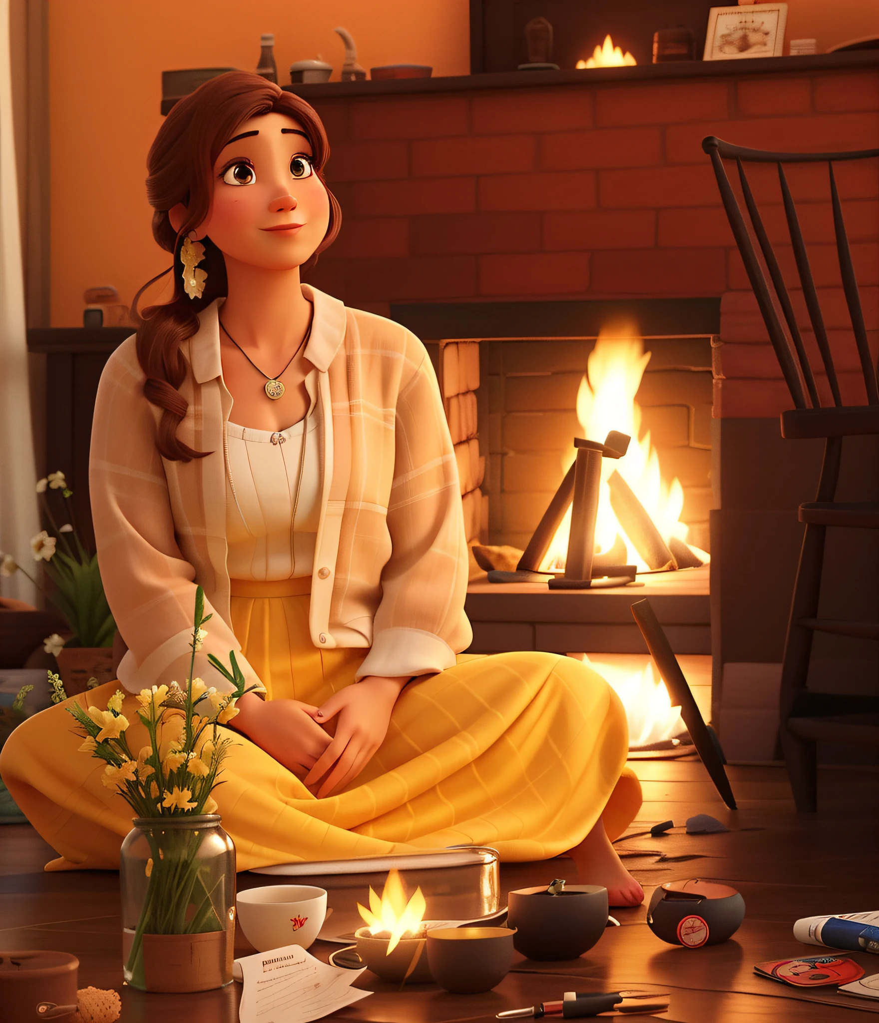 crie um cartaz estilo pixar de uma mulher de 40 anos, mulher loira, cabelos lisos e finios. A mulher esta vestida de branco, sua roupa tem tecidos leves. The woman is sitting on the living room floor, com velas, com incensos, um jarro de flores finas. Ao fundo uma lareira com fogo queimando dentro da lareira. A magical environment, alta qualidade, melhor qualidade