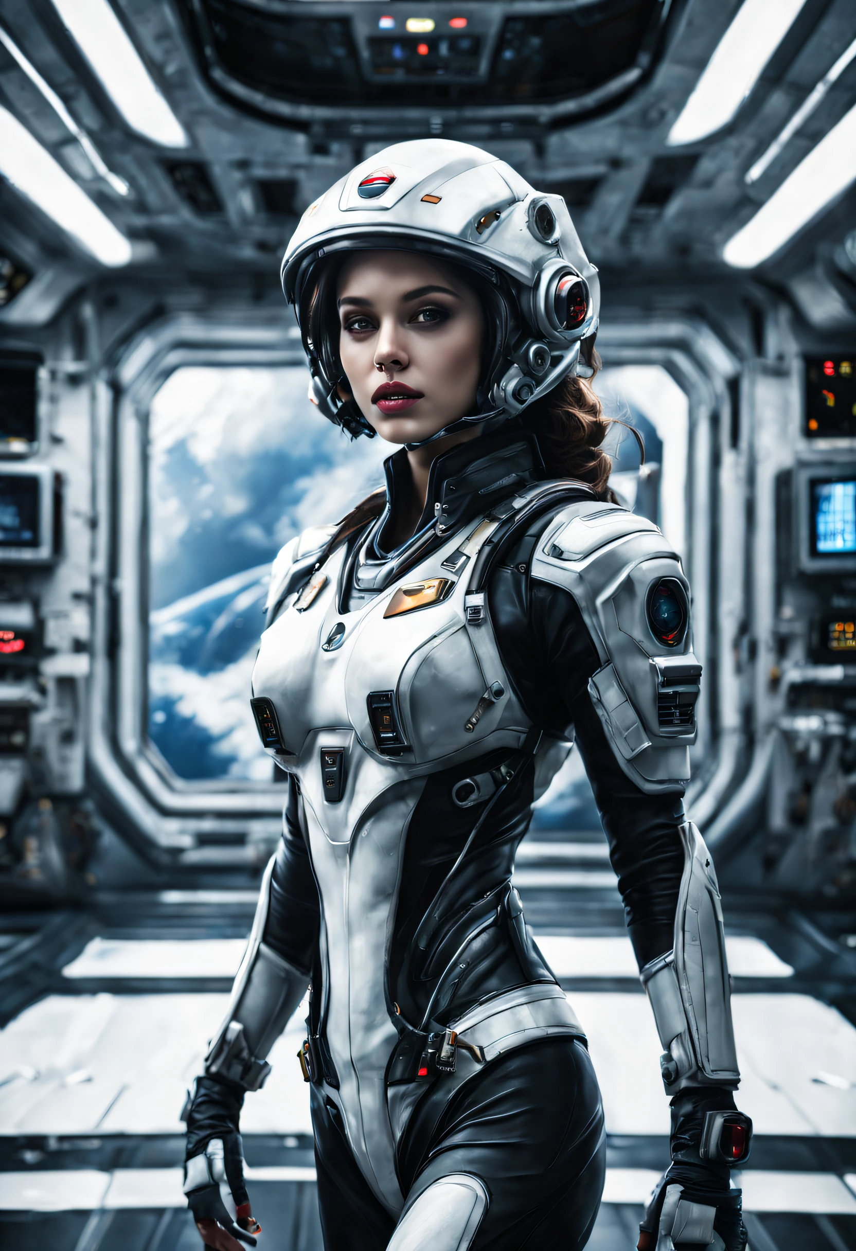 full entire body, Alien Girls, It is considered one of the most beautiful races in the galaxy., With a face, Seductive eyes and lips, Dress up in sexy military uniforms., It is located in the Space Station Control Center.. hyperrealistic, sharp photo, 10.