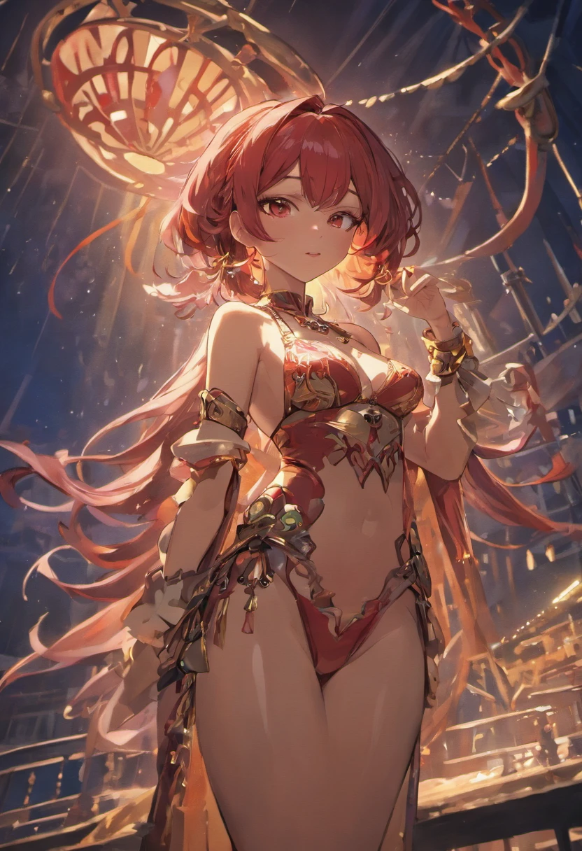 boa hancock, (confident, ocean, standing on a pirate ship, night, dark sky, red glow, myasterious, straw hat, arm up, stunning, gorgeous woman, jewelry, earrings, necklace, sexy attire, very long hair, looking at viewer, straight hair, bangs), Realism, VFX, Volumetric Lighting, Volumetric Light, Volumetric, Natural Lighting, high details, detailed and intricate, intricate details, high intricate details, absurd amount of details, absurdres, high resolution, Medium Shot, Single Shot, Shallow Focus, Low Angle Shot, Red Lip Stick, Glossy Lip Stick, Lips, Large Breasts, Bracelet, Charm, Band, Wrist, Necklace, Chain, Charm, Neck,