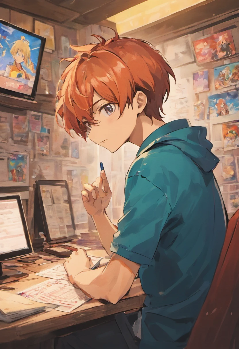 25 Year Old Anime Boy, dans son bureau, Making a YouTube video