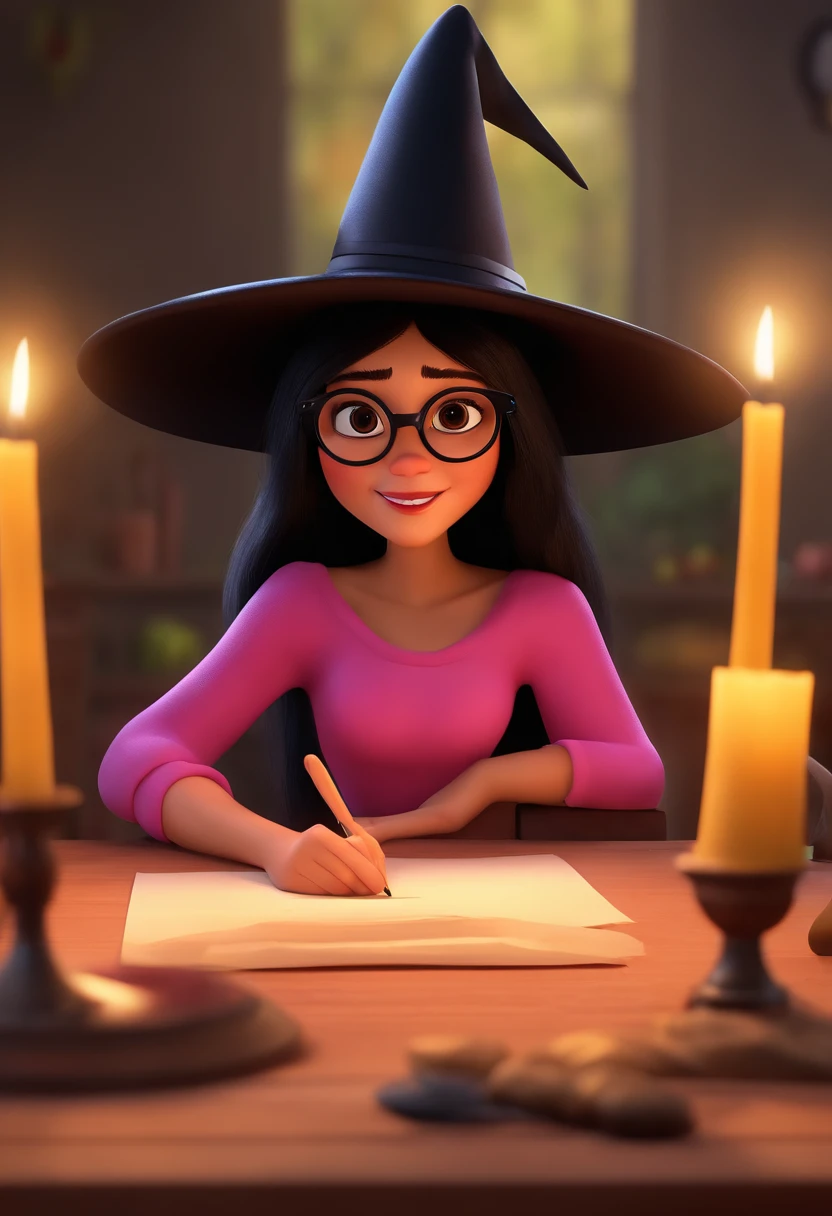 Create a Pixar movie poster of adorable witch, using a pink hat of witch, glasses, black hair and black eyes, long hair, smiling while write on paper, cut style crop top, 3d render, poster Pixar animation, yellow candles floating