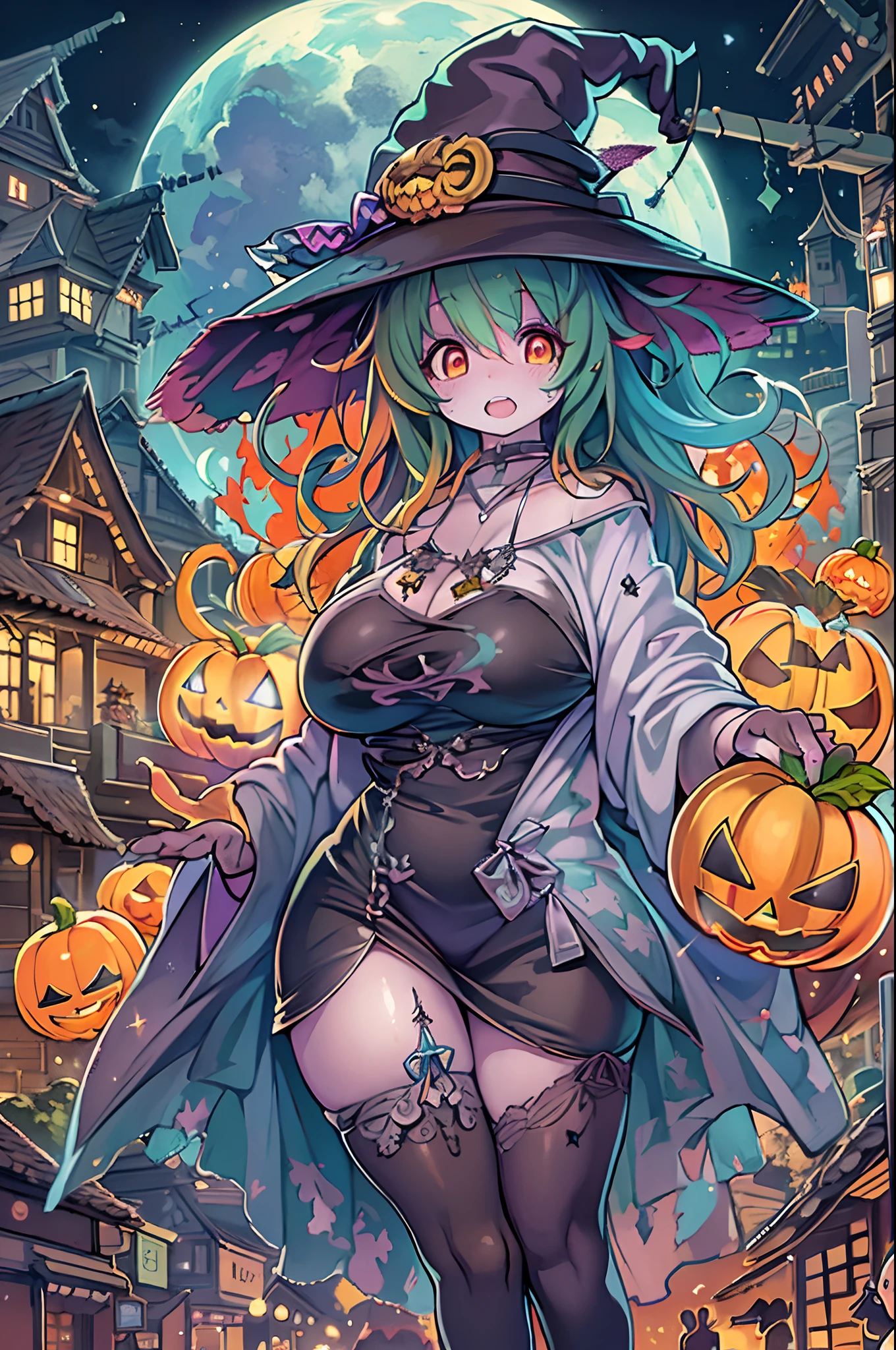 masutepiece,Charming Halloween Witches, Random coloring,2D, planar vector, T-shirt design, Colorful splashes, Fantasy Art, Watercolor effect,Digital Painting, white bg, 8K、night cityscape,bbw,Anime style、huge-breasted、BBW