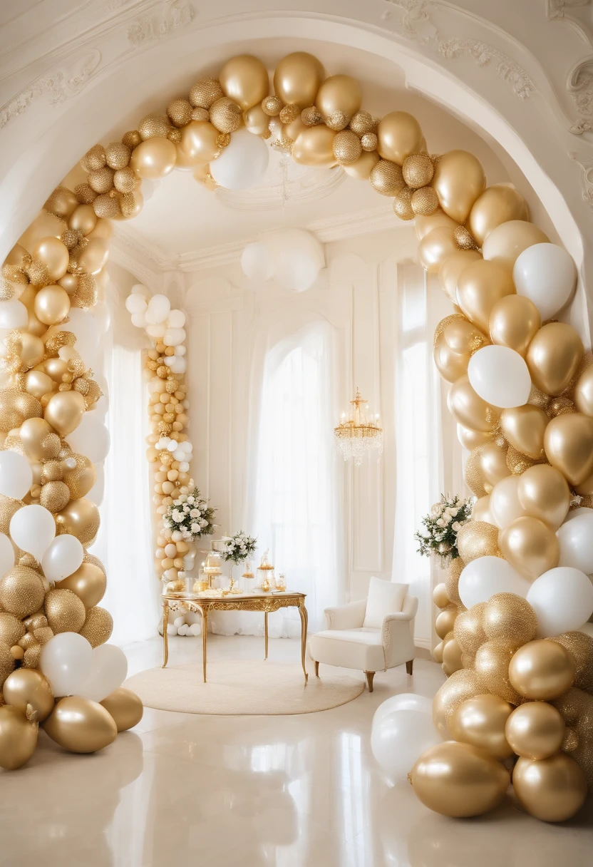 RAW photo, best, masterpiece, best quality, high quality, extremely detailed,araffe balloon arch with gold and white balloons gold and white, gold decorations, party balloons, white and gold color scheme, white and gold, gold decoration, gold theme, cream - colored room, balloons, decoration, decoration around the room, baloons, lavishly decorated, luxurious environment, ornate and flowing, elegant and ornate"