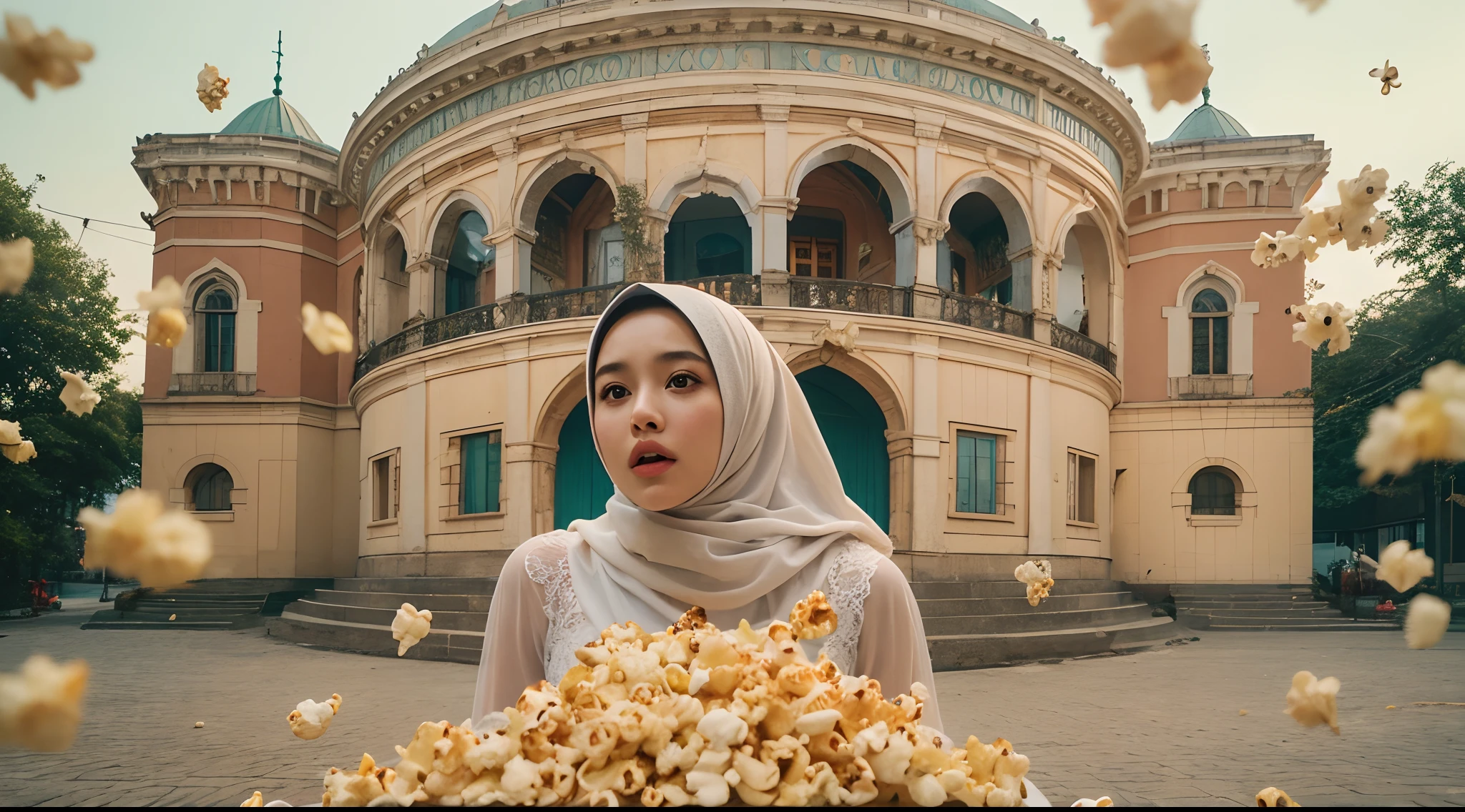 a beautiful malay young woman in hijab, is standing with large popcorn explosion in the background, popcorn flying in the air, in the style of mid sommar, fanciful, natural landscape , dreamlike imagery, captivating documentary photos, flowing fabrics, disintegrated, intricate, style raw, in the style of Grand Budapest Hotel directed by Wes Anderson , 50mm lense, handheld shot camera angle, High Contrast cinematography effect, Natural Lighting, vibrant color grading, high quality, ultra detail, 8k resolution,