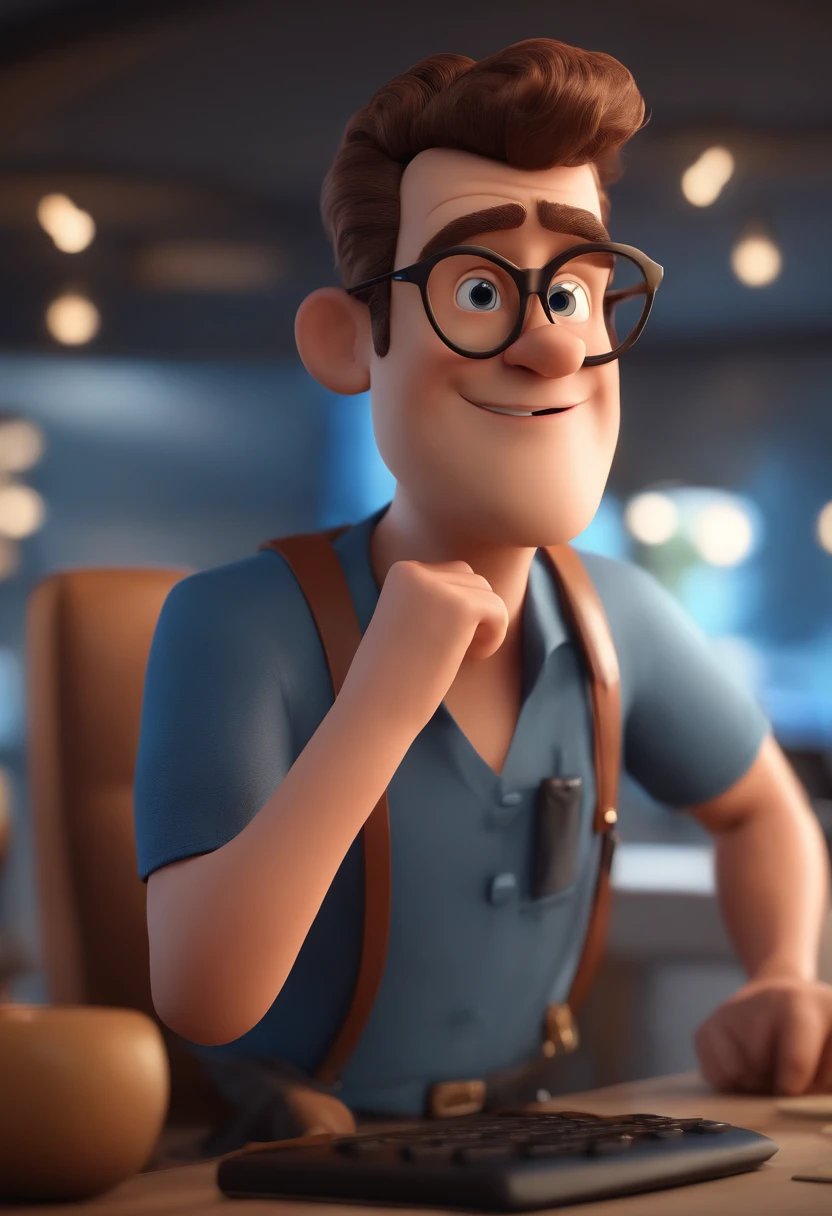 Cartoon character of a man with black glasses and a blue shirt, animation character, Caractere estilizado, animation style rendering, 3D estilizado, Arnold Maya render, 3 d render stylized, toon render keyshot, Personagem 3D, Personagem 3D, 3d rendering stylized, 3 d character render, personagem de desenho animado, Personagem de close up, Pose de personagem, (Estilo Pixar) (master part:1.2) (Bokeh) (best quality) (pele detalhada) (textura detalhada) (8k) (argila) (Cinematic lighting) (foco nítido