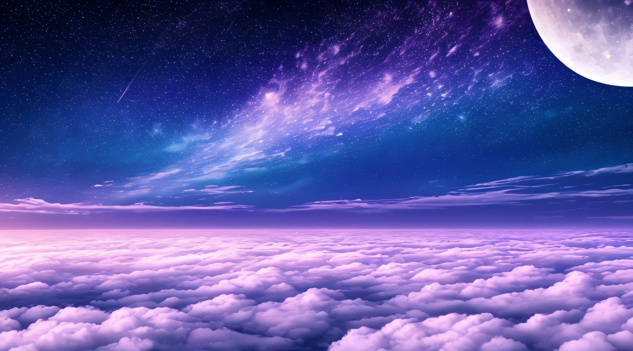 Beautiful night sky, above the clouds, starry sky, a shooting star passing by, ((big purple full moon)), shades of white and neon navy,((artwork)), ((Expansive image)). 4k, ((high quality)), ((very beautiful environment))