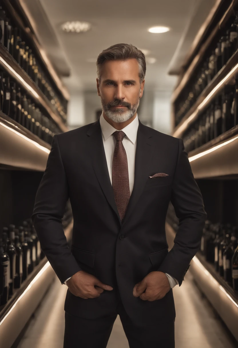 Realistic image of middle-aged business professional, 100 lagoas de peso, profissionalmente vestido com terno e gravata, alta qualidade, highest resolution, Standing position, hands straight down, profissional, belos olhos detalhados ligeiramente acastanhados , beautiful detailed lips, barba curta, cabelos curtos grisalhos;, kind expression, sorriso quente, olhar diferenciado, Adequate lighting, fundo liso, imagem limpa sem efeito desfocado, textura ultra-detalhada,master part:1.2