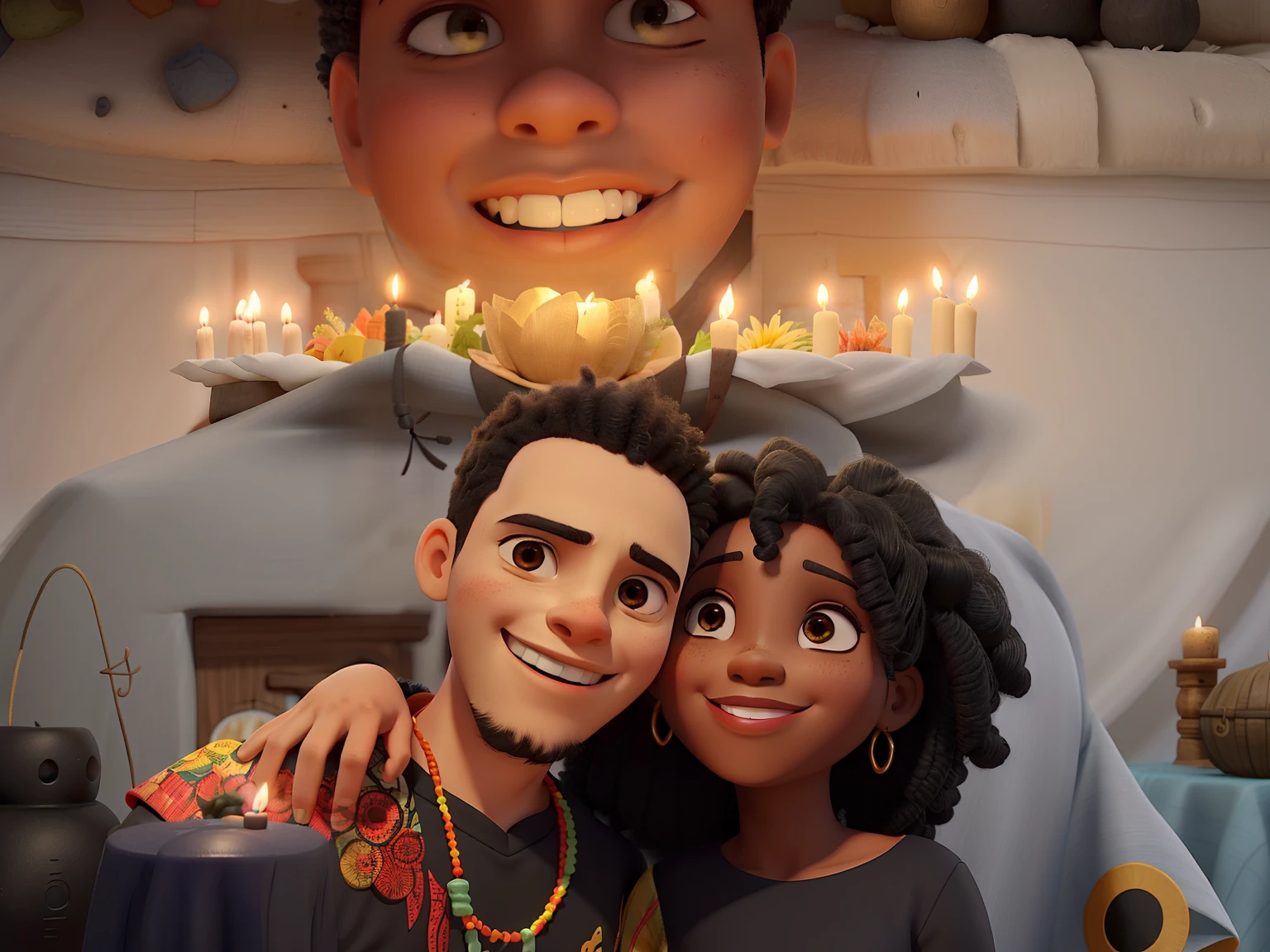 Um casal, vestidos com rouba de gira de esquerda na umbanda, sorrindo, Boy is white, Girl is black. On top is the altar with Yemanjá, Shango, Ogum, obaluaê. Lit by candles and all in animation