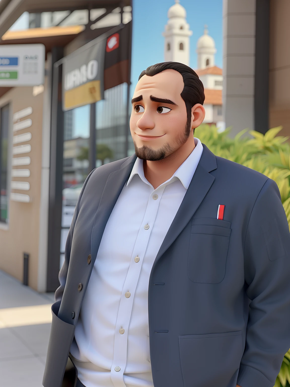 Um jovem, calvo, de social, em frente a um estabelecimento comercial, olhando para o horizonte.