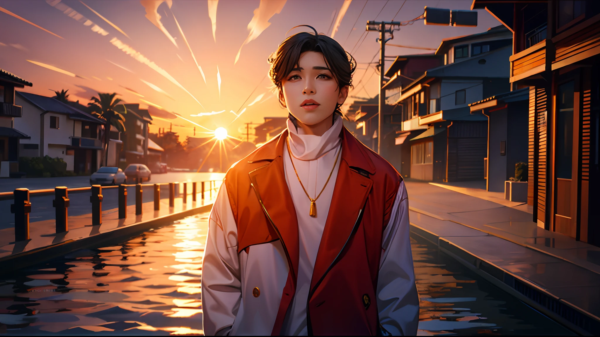 the sunset,eventide,evening light,middle parted hairstyle
