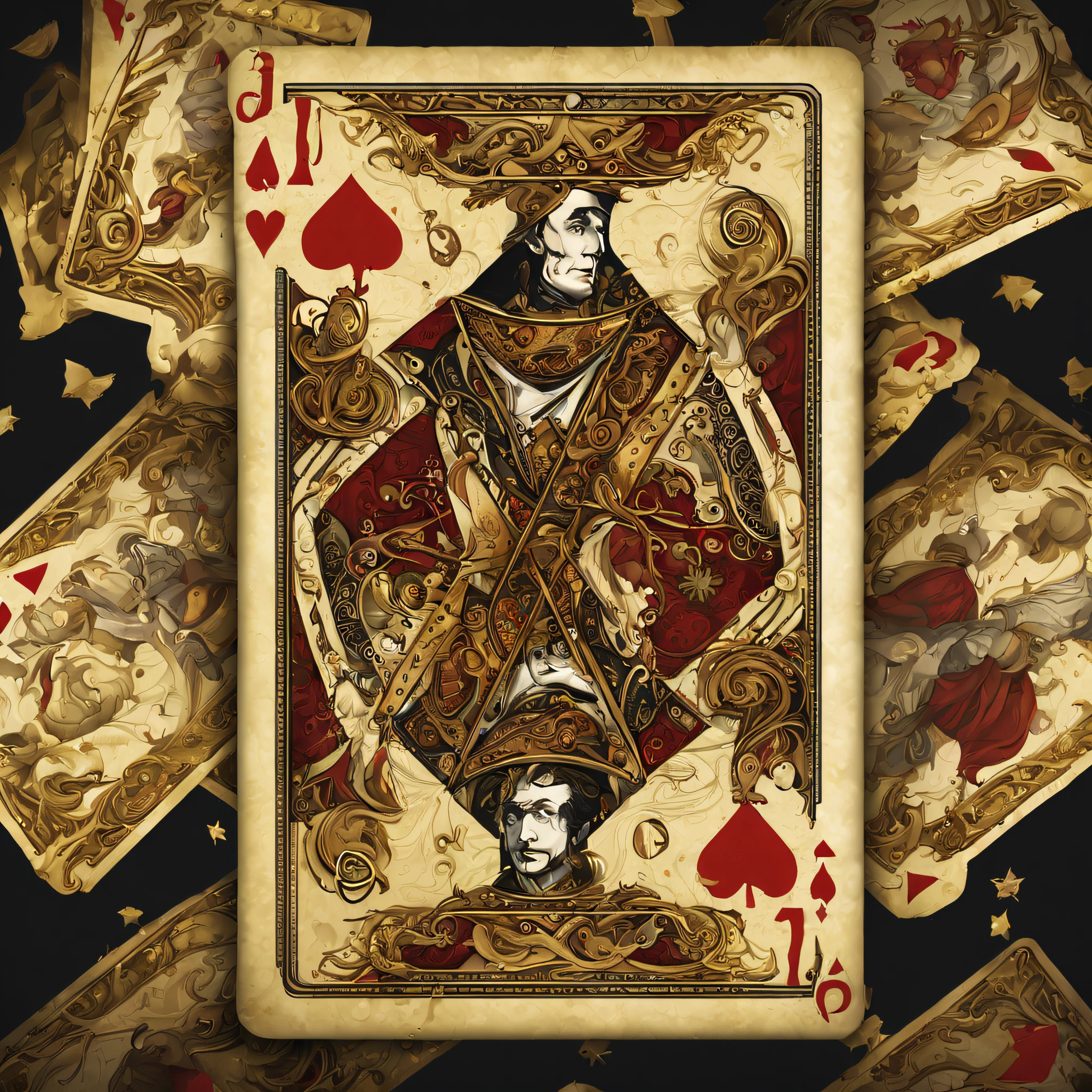 4 cartas de baralho Supremo，(Nothing but the cards)，(Nobodies)，Figures are king, rainha, Jack and Ace. As 4 cartas douradas definidas com pedras preciosas，The magic pattern on them emits the light of the Tyndall effect.，Brilha com uma nobre luz dourada，The red-gold tone is filled with dark style graphics，Cartas de baralho bonito, ultra detalhado，Backgound simples.