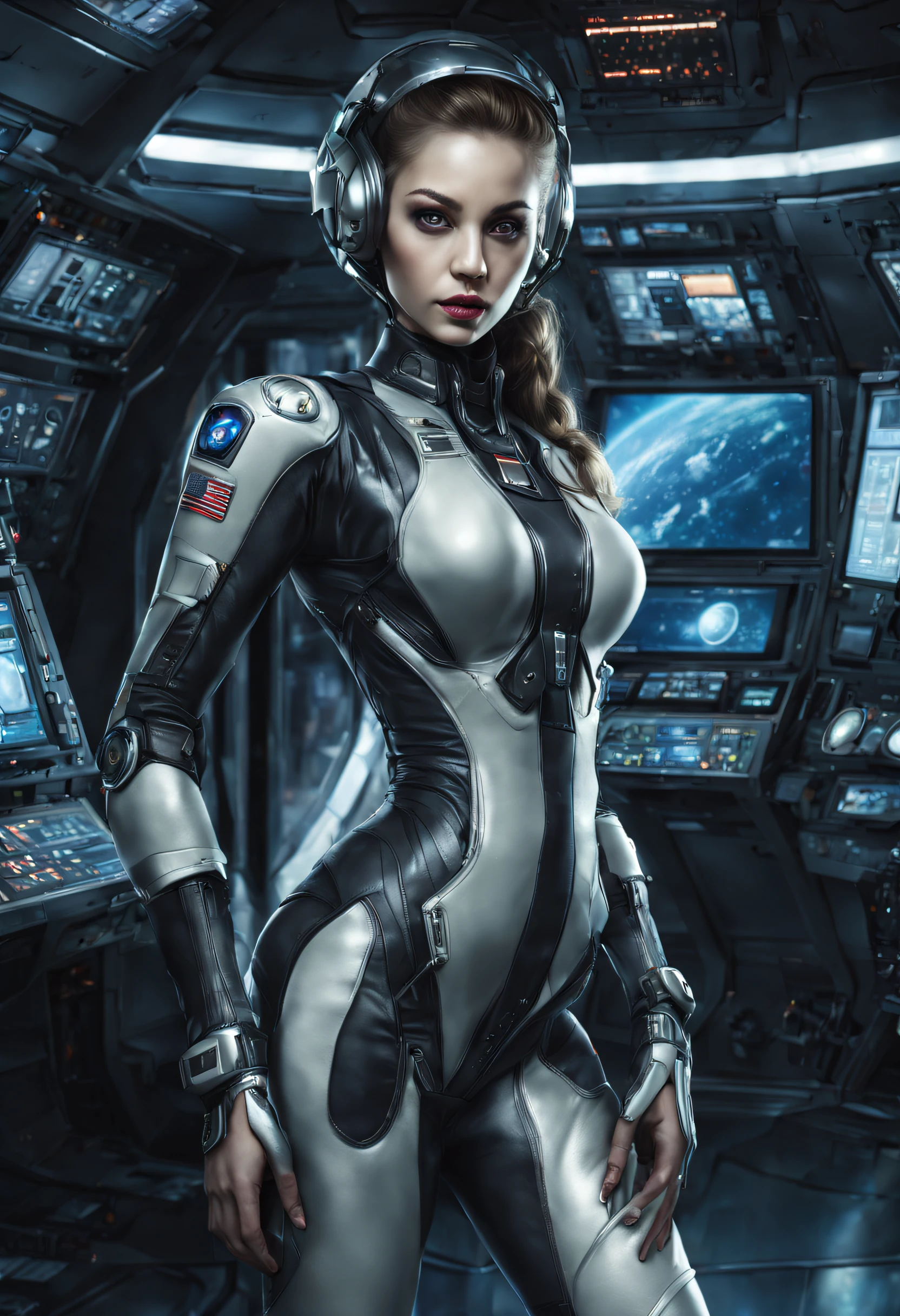 Masterpiece, UHD. Inside a spaceship. From side Next to a large window showing planet earth, an ultra hot gorgeous European woman, age 23, she’s a playmate, men magazine model. She wear a tight cyberpunk astronaut suit covering all her body. No helmet. She looks at earth.