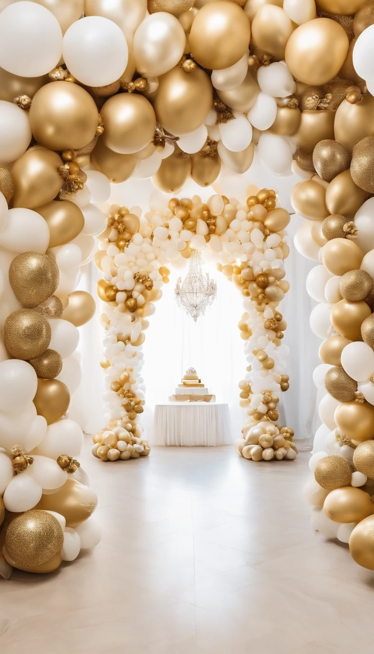 RAW photo, best, masterpiece, best quality, high quality, extremely detailed,araffe balloon arch with gold and white balloons gold and white, gold decorations, party balloons, white and gold color scheme, white and gold, gold decoration, gold theme, cream - colored room, balloons, decoration, decoration around the room, baloons, lavishly decorated, luxurious environment, ornate and flowing, elegant and ornate"