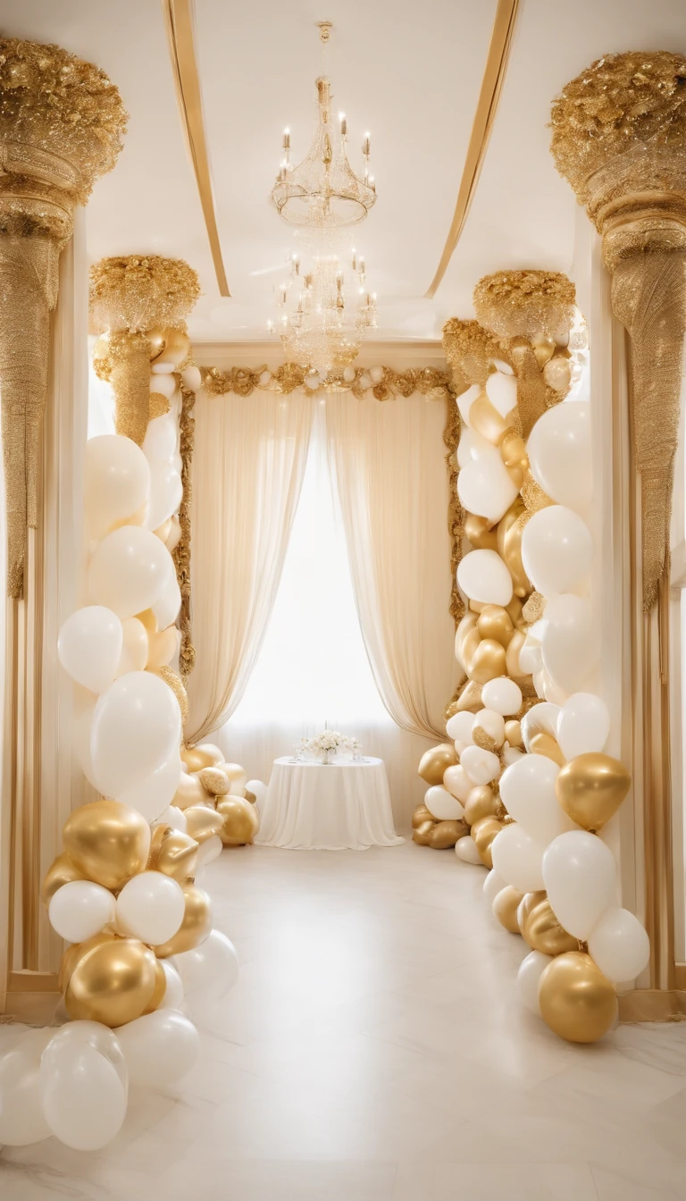 RAW photo, best, masterpiece, best quality, high quality, extremely detailed,araffe balloon arch with gold and white balloons gold and white, gold decorations, party balloons, white and gold color scheme, white and gold, gold decoration, gold theme, cream - colored room, balloons, decoration, decoration around the room, baloons, lavishly decorated, luxurious environment, ornate and flowing, elegant and ornate"