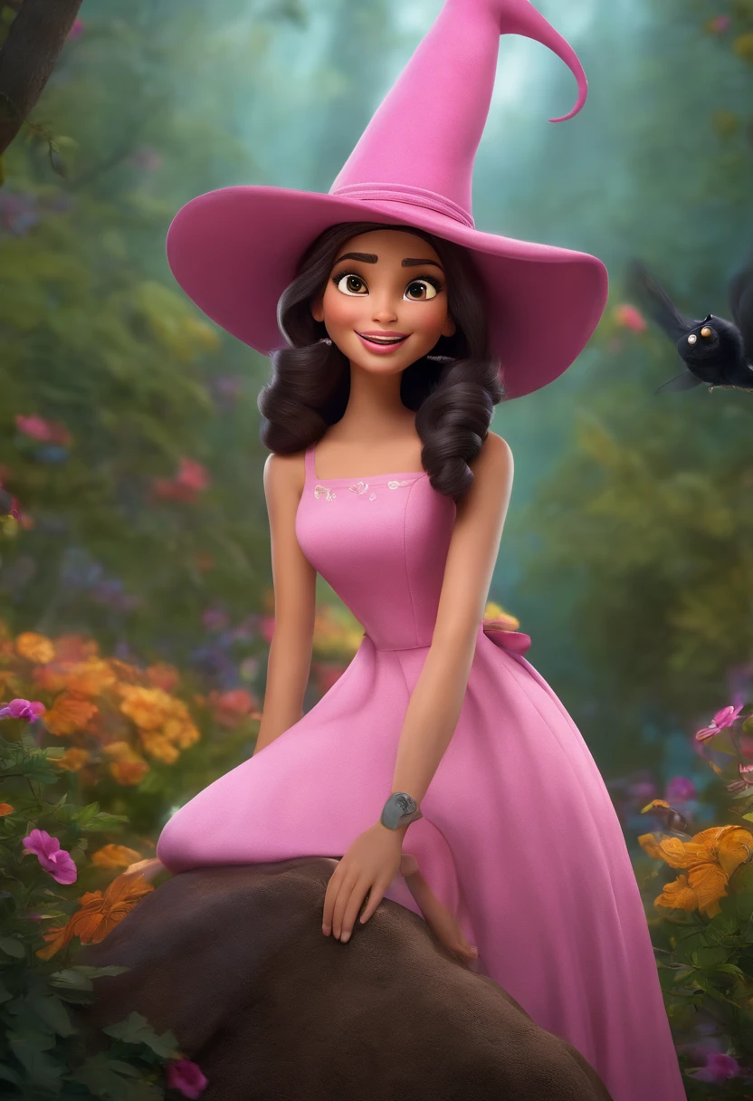 Create an Adorable Witch Pixar Movie Poster, Wearing a pink witch hat, glasses, Cabelos pretos e olhos negros, cabelos longos, sorrir enquanto escreve no papel, corte estilo crop top, 3D-rendering, Pixar animation poster, velas amarelas flutuando