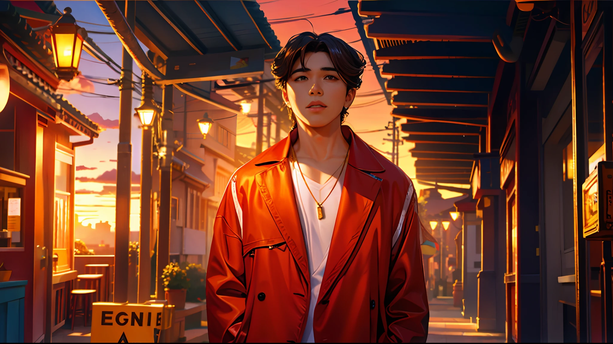 the sunset，eventide，evening light，middle parted hairstyle