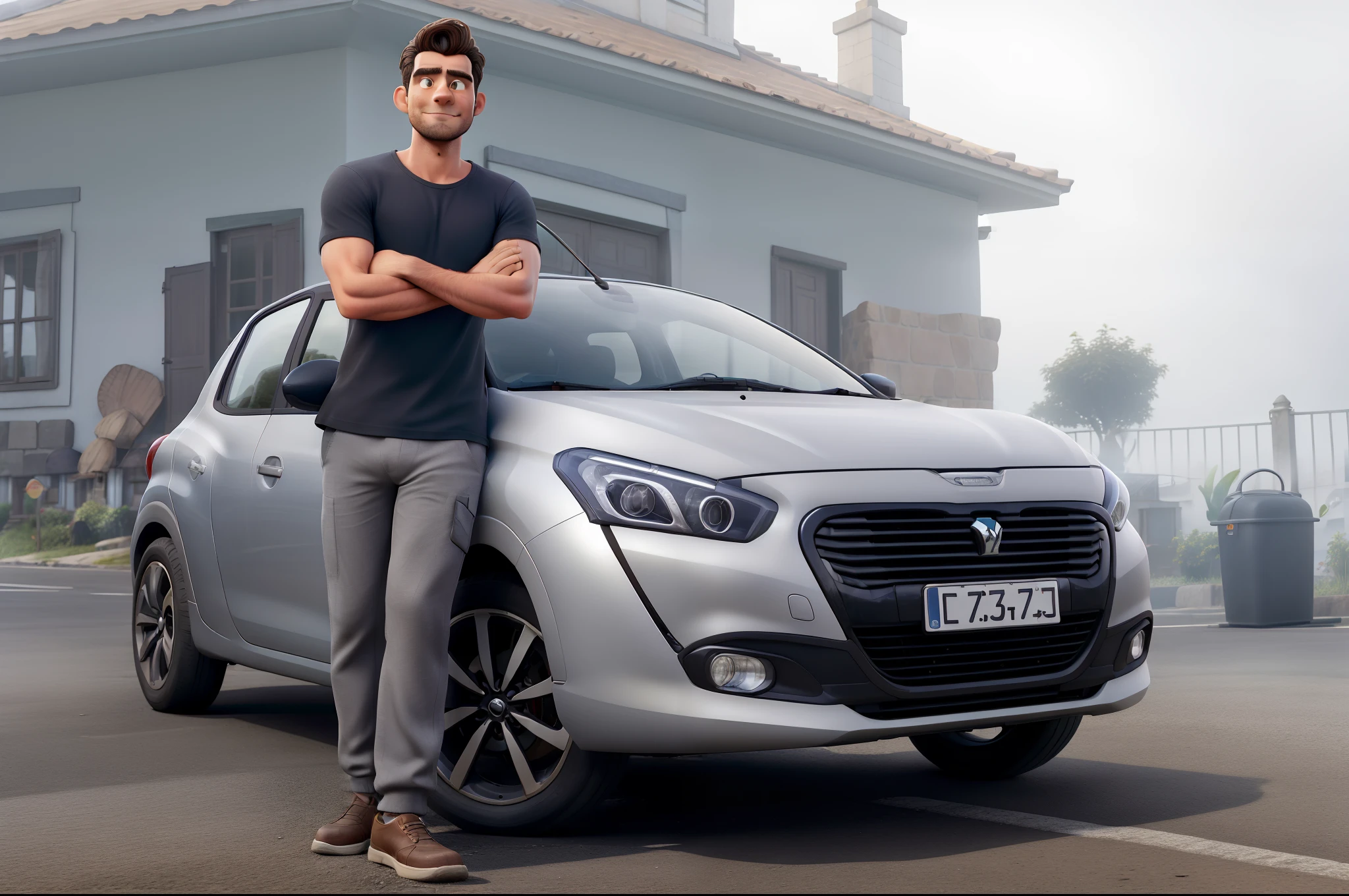 Homem de cabelo curto, cavanhaque, vestido de camiseta preta, grey pants, leaning against a Peugeot 208 car in front of the house in fog