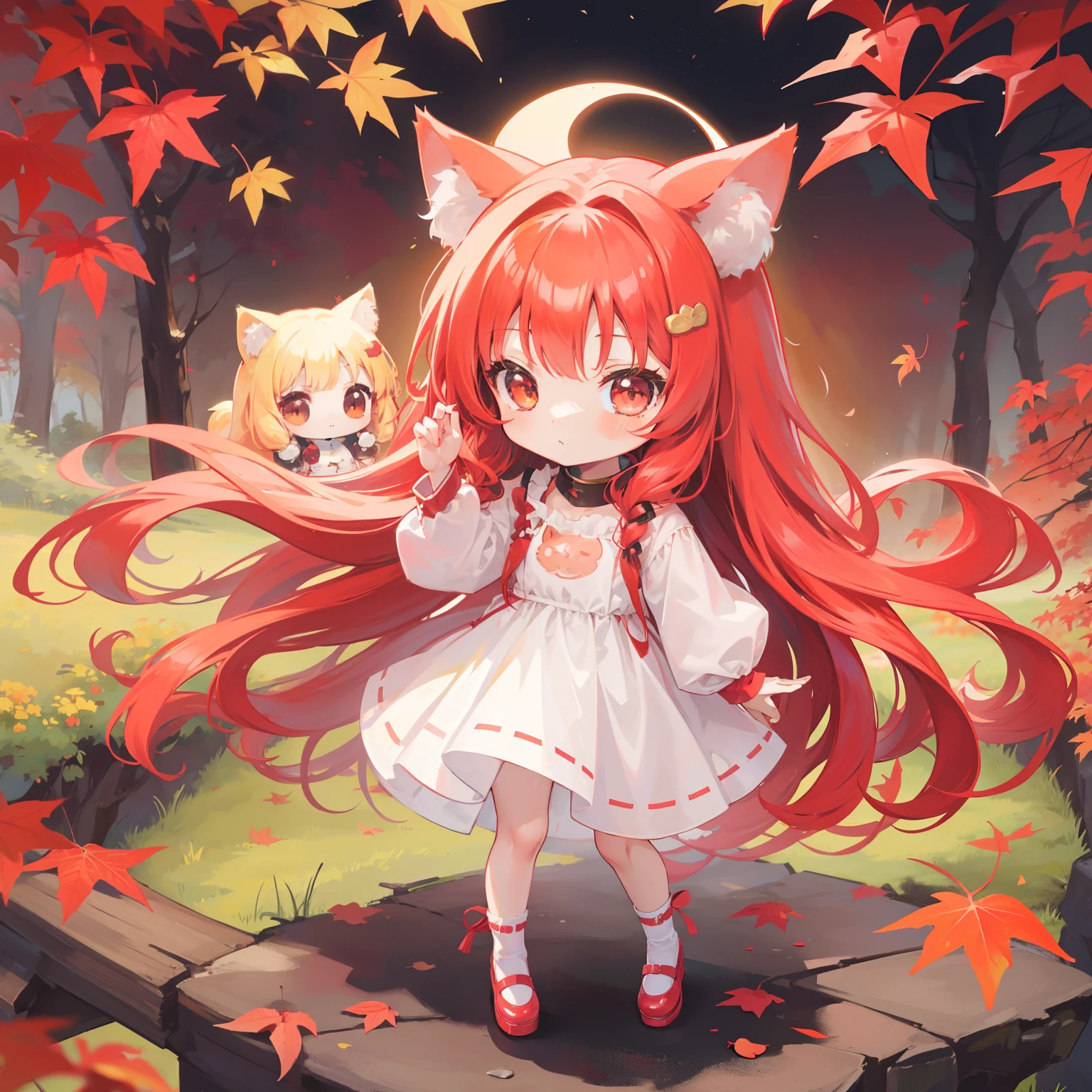Chibichara Long hair with red nice hair((Chibi Chara))、Fluffy、girl with、Chibi Chara、full body Esbian、Pastel colors hair、masutepiece、top-quality、Background of autumn leaves、Cute squirrels are with us。nekomimi
