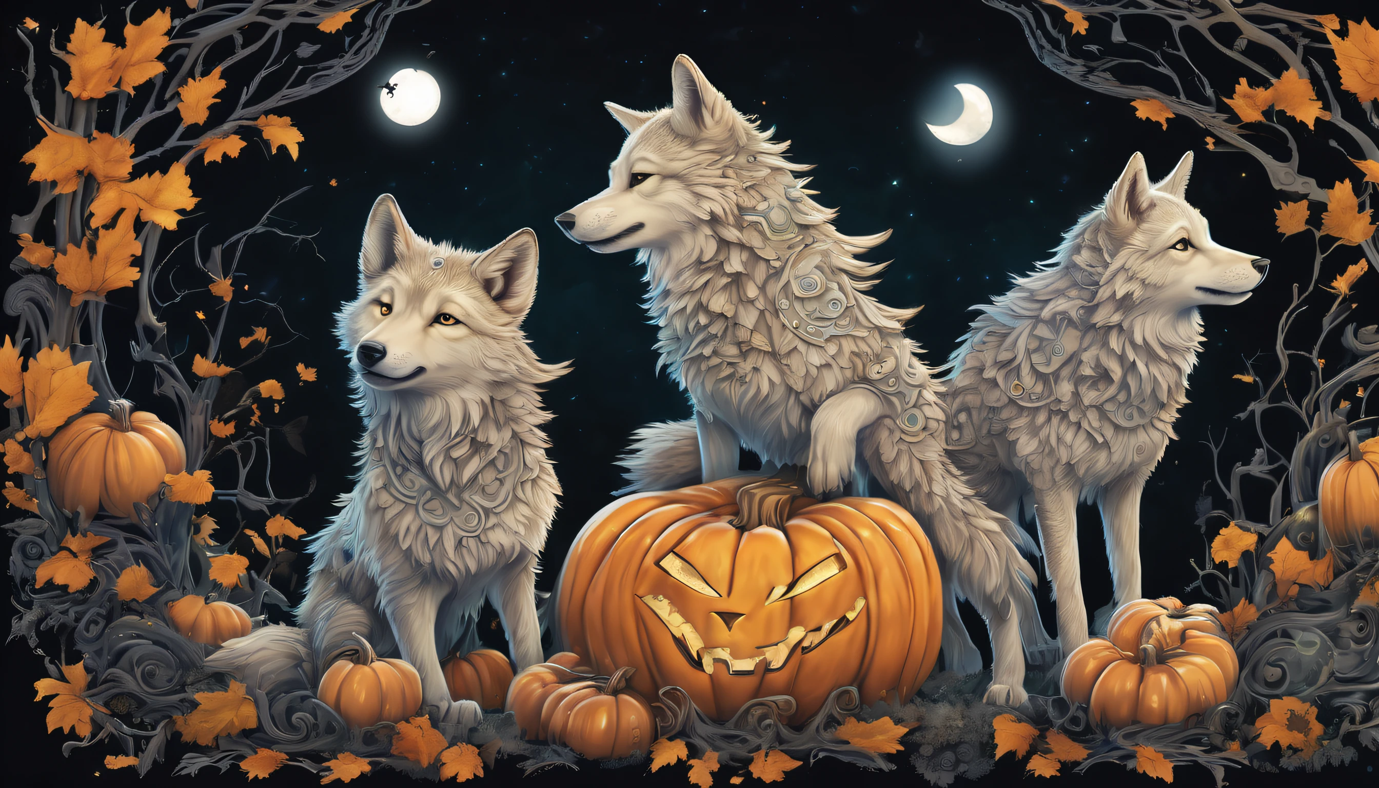 happy-halloween Insanely cute wolf cub folktale, whimsical and enchanting fairytale-inspired illustration, vibrant cute, celebrate the spookiest night, brought to life through stunning visuals and intricate details, charm and nostalgia ghost, mystical presence, vibrant world of astral noir, vibrant world of astral noir lighting, conceptual contrast, (((stunning intricate detailed 32k render:1.3))), (((intricate insane details:1.3))), (((extremely incredibly detailed:1.3))), allure of fantasy with the dynamic energy of the digital realm,