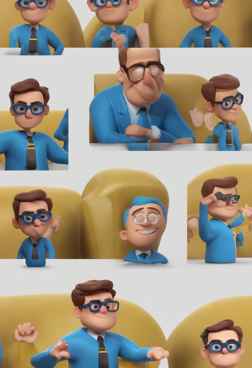 Cartoon character of a man wearing black glasses and a blue shirt, um personagem animado, Caractere estilizado, animation style rendering, 3D estilizado, Arnold Maya render, 3 d render stylized, toon render keyshot, Personagem 3D, Personagem 3D, 3d rendering stylized, 3 d character render, personagem de desenho animado, Personagem de close up, Pose de personagem, (Estilo Pixar) (master part:1.2) (Bokeh) (best quality) (pele detalhada) (textura detalhada) (8k) (argila) (Cinematic lighting) (foco nítido,Senta e vaza a parte superior do corpo