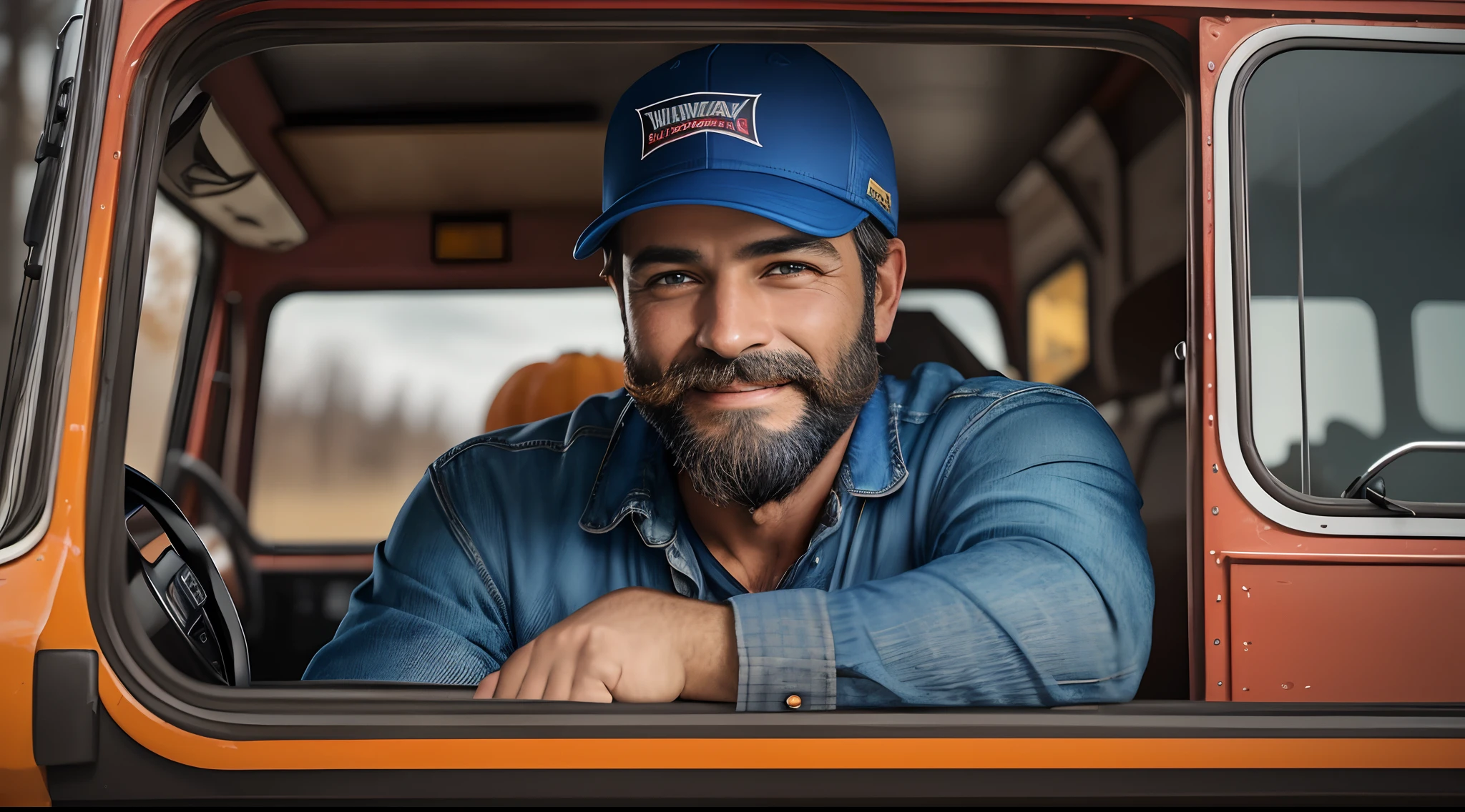 (highres:1.2)A truck driver, (male), (bearded) with a (handsome look), (smiling), wearing a (blue cap), is (celebrating Halloween), sitting in his (truck cab), (looking straight ahead). The atmosphere is (festive), with mexico haloween makeup on his face. The (color palette) is (vibrant and bold), with (contrasting colors) to emphasize the Halloween theme. The lighting is (soft and warm), creating a cozy and inviting ambiance inside the truck. The overall style of the artwork is (realistic), reflecting the (photorealistic) quality of an oil painting. --auto --s2