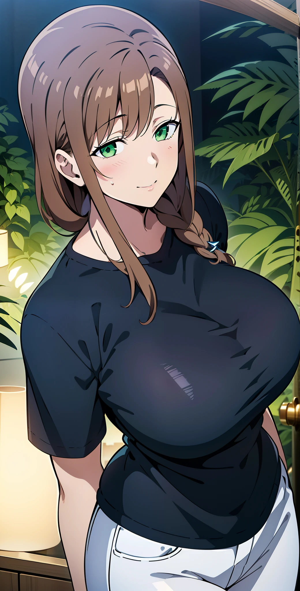 best quality, ultra high resolution, professional artwork, ultra detailed, HD, beautiful tall and mature around 24-28 years old white woman, with brown hair, braid, , green eyes, loose shirt, wearing a black shirt and white pants, huge breasts: 1.3, puffy, wide hip, breasts are protruding, , sweet expression, beautiful embarrassed face with a affectionate look and, thick thighs, detailed ultra oily-shiny skin, daytime, Standing in a lush and mysterious jungle, making a superhero pose while still being sexy and cheerful, cowboy shot, close up, Looking at the Viewer, detailed face, detailed bronw eyes, detailed hair, , alone, solo, 1 girl, portrait upper body, official art, extremely detailed CG unity 8k wallpaper, perfect lighting,Colorful, Bright_Front_face_Lighting, (masterpiece:1.0),(best_quality:1.0), ultra high res,4K,ultra-detailed, photography, 8K, HDR, highres, absurdres:1.2, film grain, blurry background,