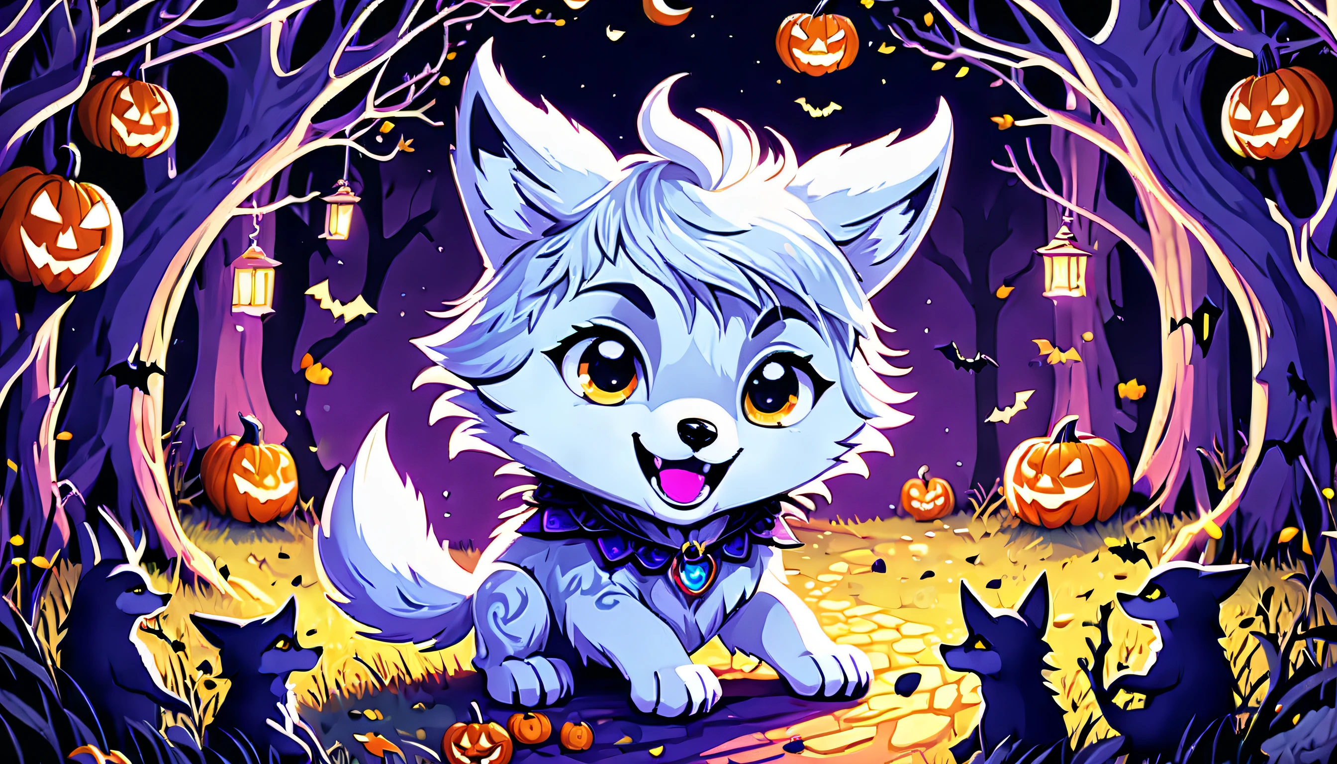 happy-halloween Insanely cute wolf cub folktale, whimsical and enchanting fairytale-inspired illustration, vibrant cute, celebrate the spookiest night, brought to life through stunning visuals and intricate details, charm and nostalgia ghost, mystical presence, vibrant world of astral noir, vibrant world of astral noir lighting, conceptual contrast, (((stunning intricate detailed 32k render:1.3))), (((intricate insane details:1.3))), (((extremely incredibly detailed:1.3))), allure of fantasy with the dynamic energy of the digital realm,