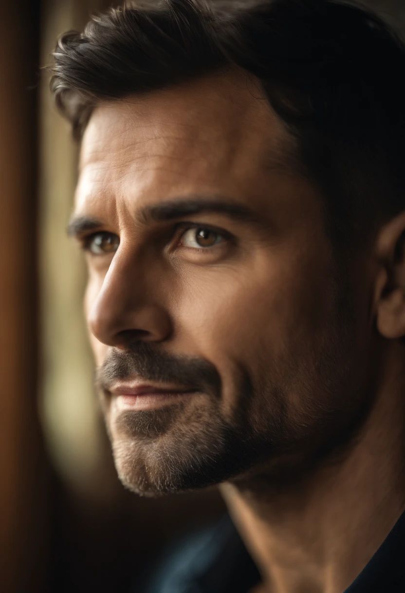 Portrait of handsome man 40 years old round face cinematic appearance