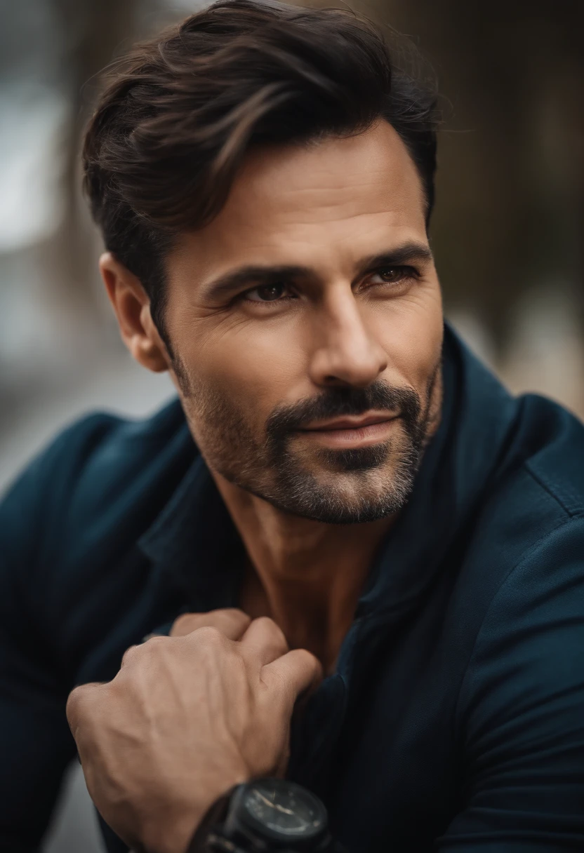 Portrait of handsome man 40 years old round face cinematic appearance
