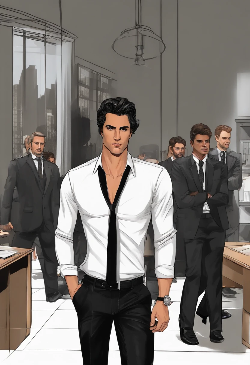 master part, Excelente, (s office: 1.5), Desenho CG com super alto detalhe, Handsome, cara fria, no expression,, (um homem com cabelo preto curto, camisa branca, gravata preta, black pants, sapatos de couro, a little slag: 1.8),, Dentro do gabinete do presidente, luxuoso, sentado em uma cadeira, facing the audience, Illustrations
