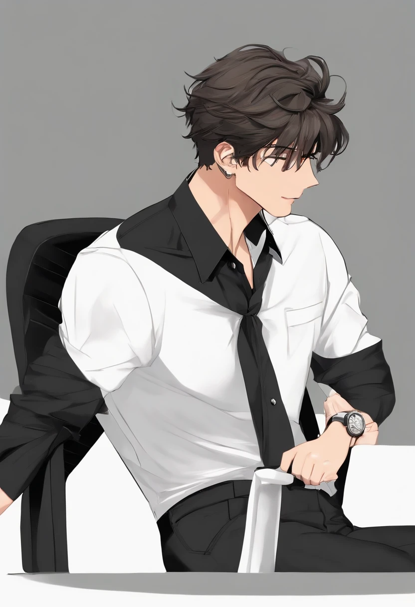 master part, Excelente, (s office: 1.5), Desenho CG com super alto detalhe, Handsome, cara fria, no expression,, (um homem com cabelo preto curto, camisa branca, gravata preta, black pants, sapatos de couro, a little slag: 1.8),, Dentro do gabinete do presidente, luxuoso, sentado em uma cadeira, facing the audience, Illustrations