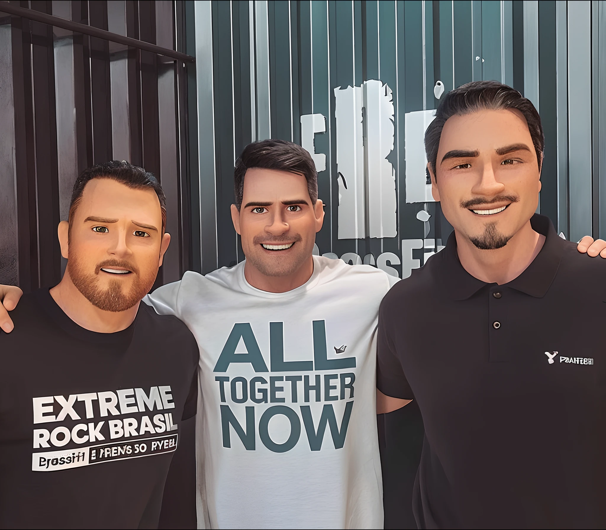 Pixarstyle: A waist-length portrait of three men with t-shirts, sorriso, textura natural da pele, texturas 4k, hdr, intrincado, altamente detalhado, foco nítido, cinematic visual, hiperdetalhado