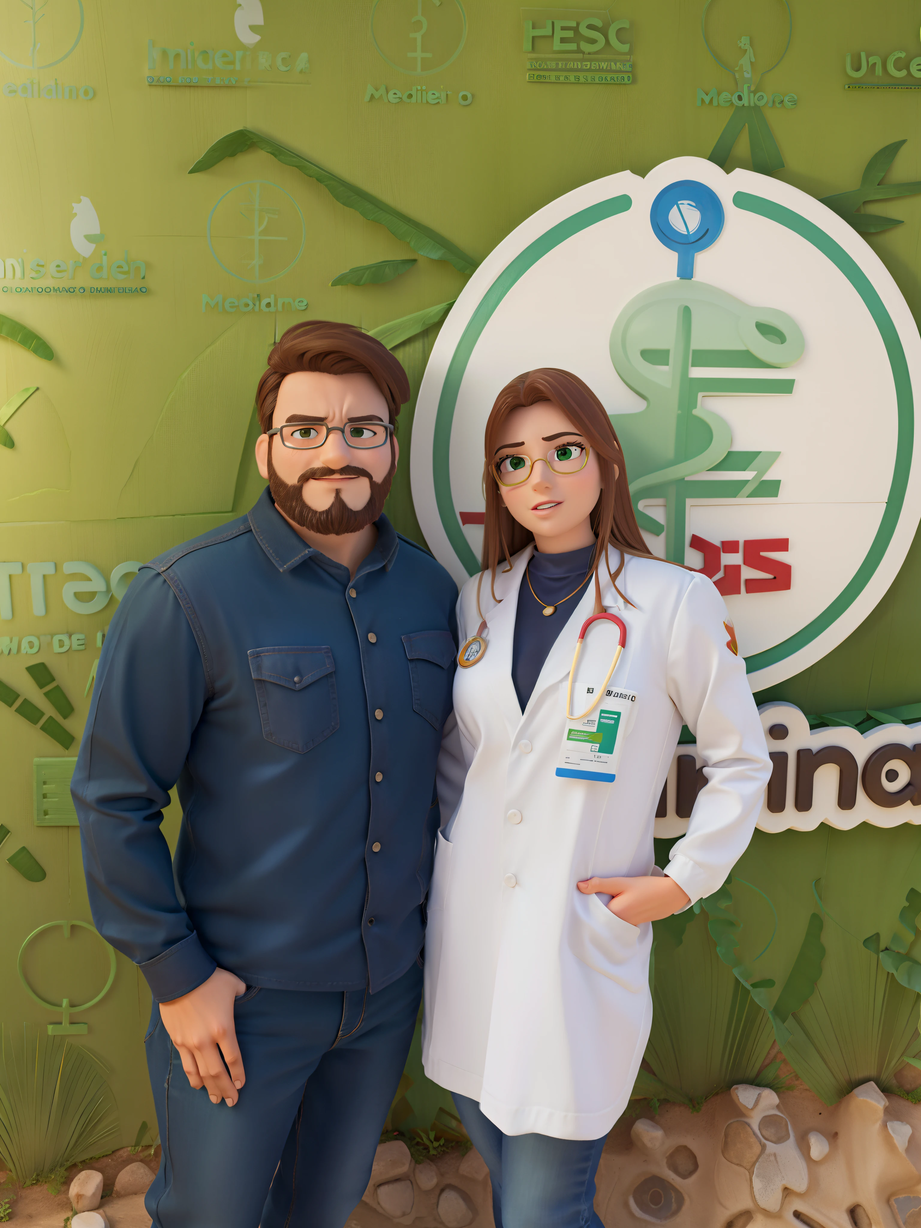 Um homem e uma mulher de jaleco. They stand in front of a green wall with a sign that says medicine , create 3D Disney pixar animation